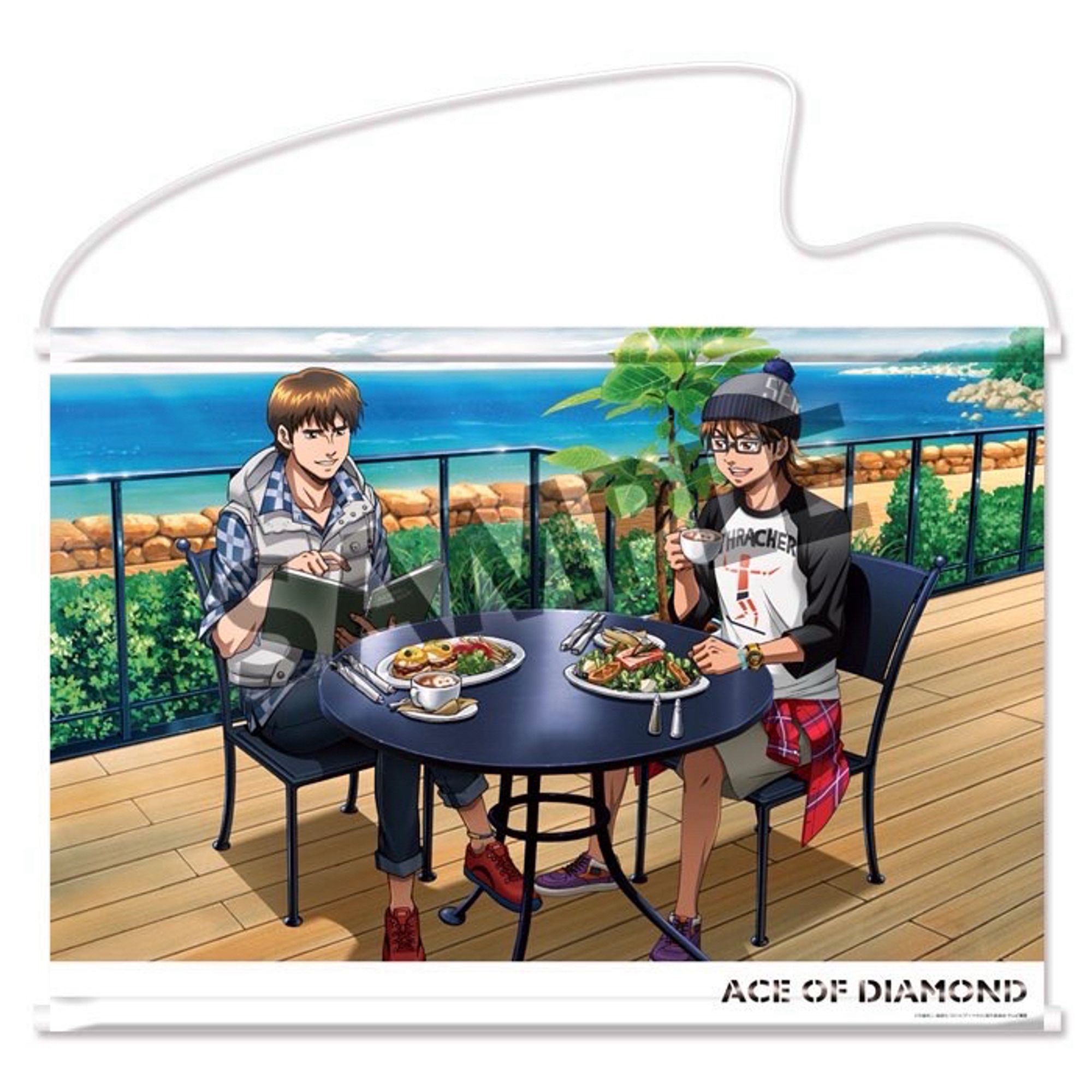 Official art tapestry from daiya no ace. Chris and miyuki sit at an outside table eating like gay people at brunch. Chris is wearing a gray vest with a blue gingham shirt underneath, dark blue jeans cuffed at the ankle, an anklet on one ankle, and red(?) tennis shoes. Miyuki is wearing a gray and blue beanie, a three quarter length sleeve baseball shirt with black sleeves, a person, and the text THRACKER on it, a red flannel tied around his waist, khaki shorts, and orange and purple sneakers. The table and chairs are black and the food looks tasty. It’s a bit too difficult to make out the exact dishes but Miyuki’s looks healthier, being mostly greens.