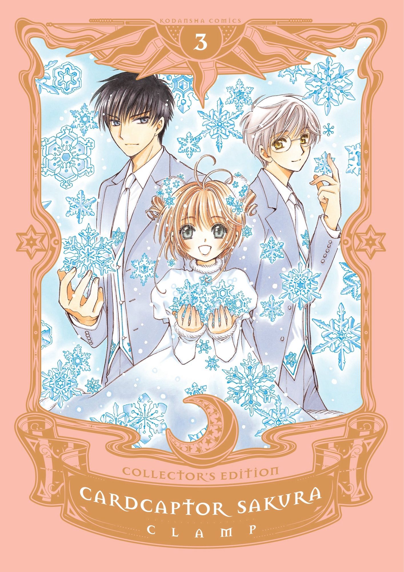 Manga cover of cardcaptor Sakura collector’s edition volume 3. Sakura stands in the bottom middle wearing a white dress and holding snowflakes. Behind her, touya and yukito stand on either side, wearing gray tuxedos with white shirts, ties, and vests. They’re all smiling. The border of the book is medium pink and the trimming is all gold.