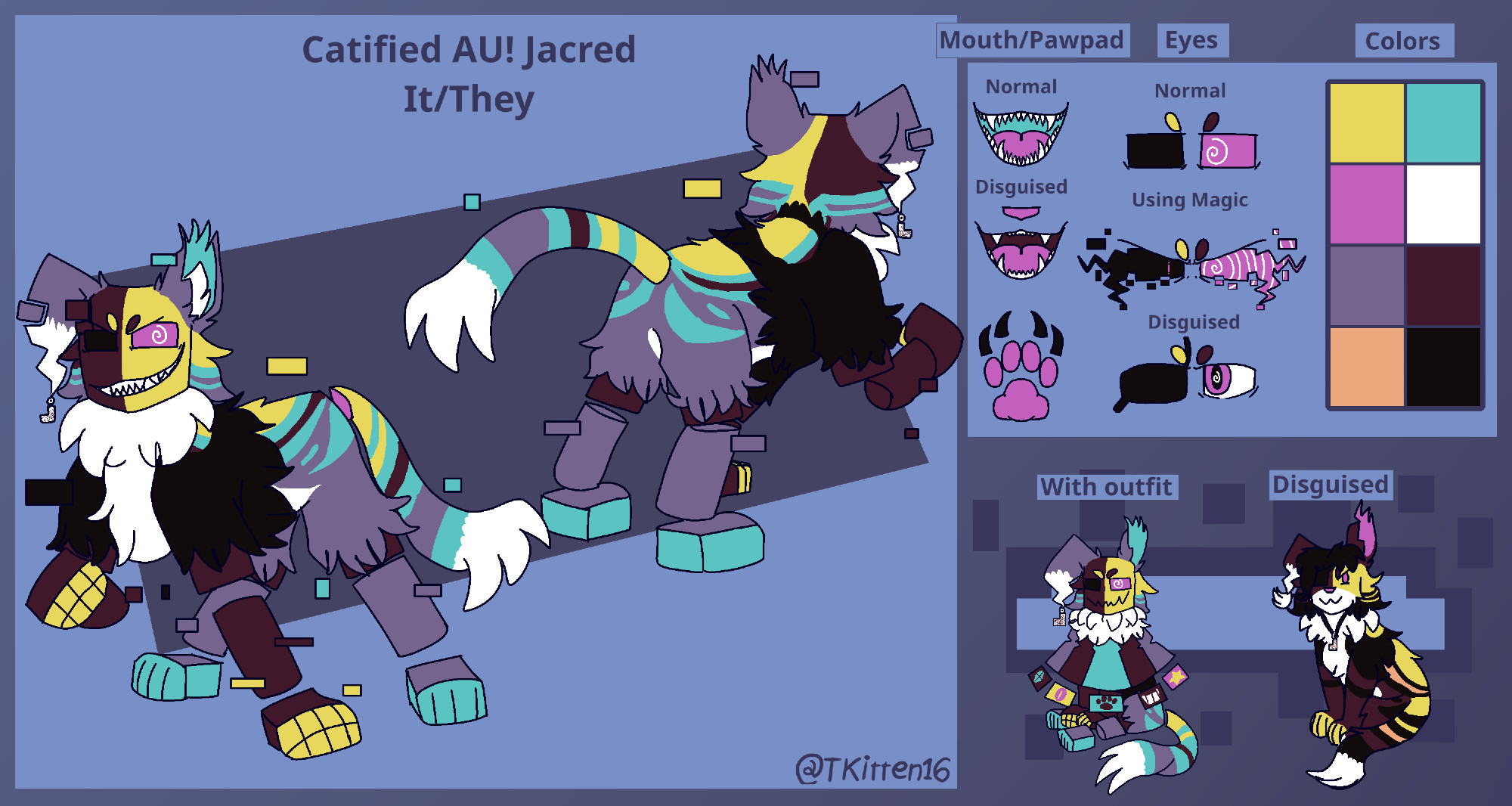 a reference sheet of a cat alternate universe version of Jacred, the left side shows their front and back, while the top right shows their normal/disguised mouth and pawpad, their normal, using magic, and disguised eyes, and their color palette. the bottom right shows them wearing their outfit, and their disguised self, who is much more normal looking.