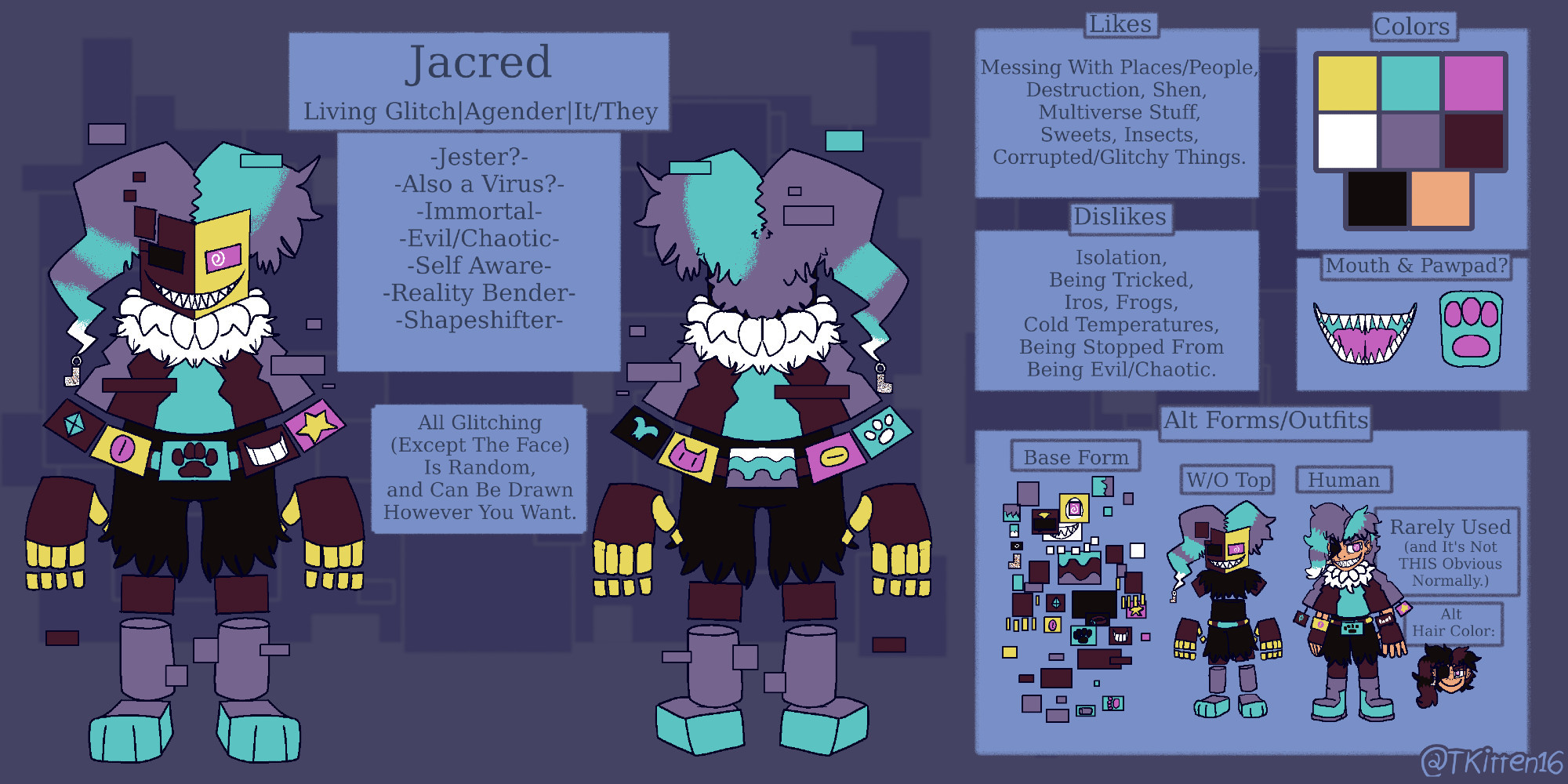 a reference sheet of a glitchy, masked jester OC named Jacred. the left side shows their name, gender, and pronouns, and a few keynotes about them. along with a full body of their front and back.  and their right side shows their likes, dislikes, color palette, and mouth/pawpad colors. the bottom of this half also shows their base form, a mess of semi-random tileset like squares. them without their top poncho-y thing. and their human form. (with an extra alt hairstyle headshot next to it)