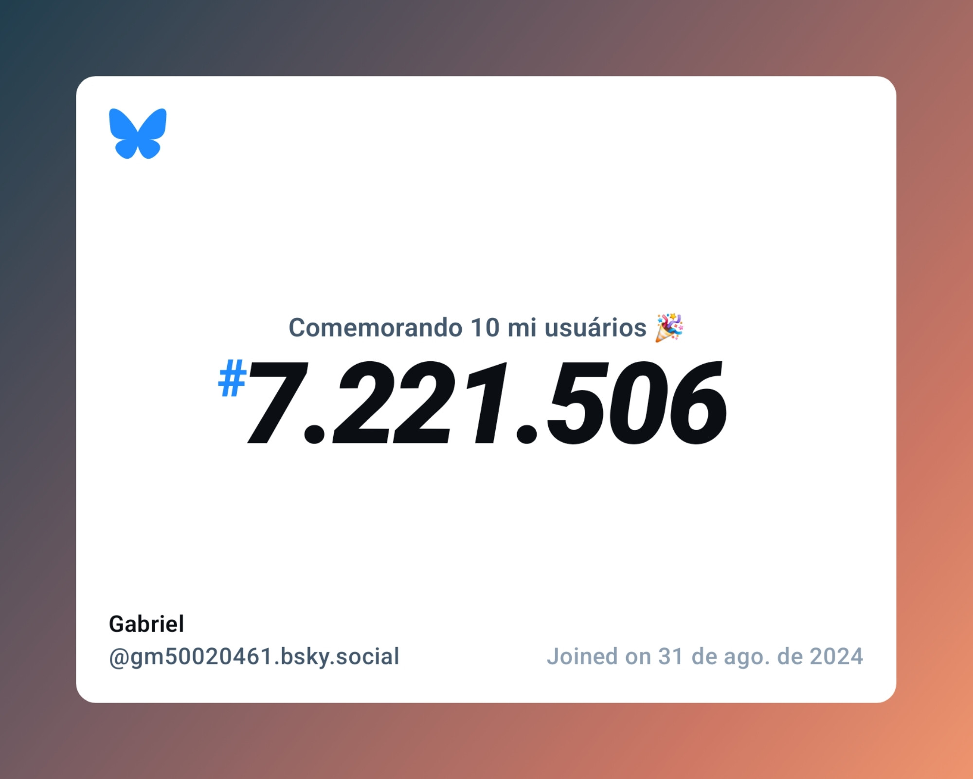 Um certificado virtual com o texto "Comemorando 10 milhões de usuários no Bluesky, #7.221.506, Gabriel ‪@gm50020461.bsky.social‬, ingressou em 31 de ago. de 2024"