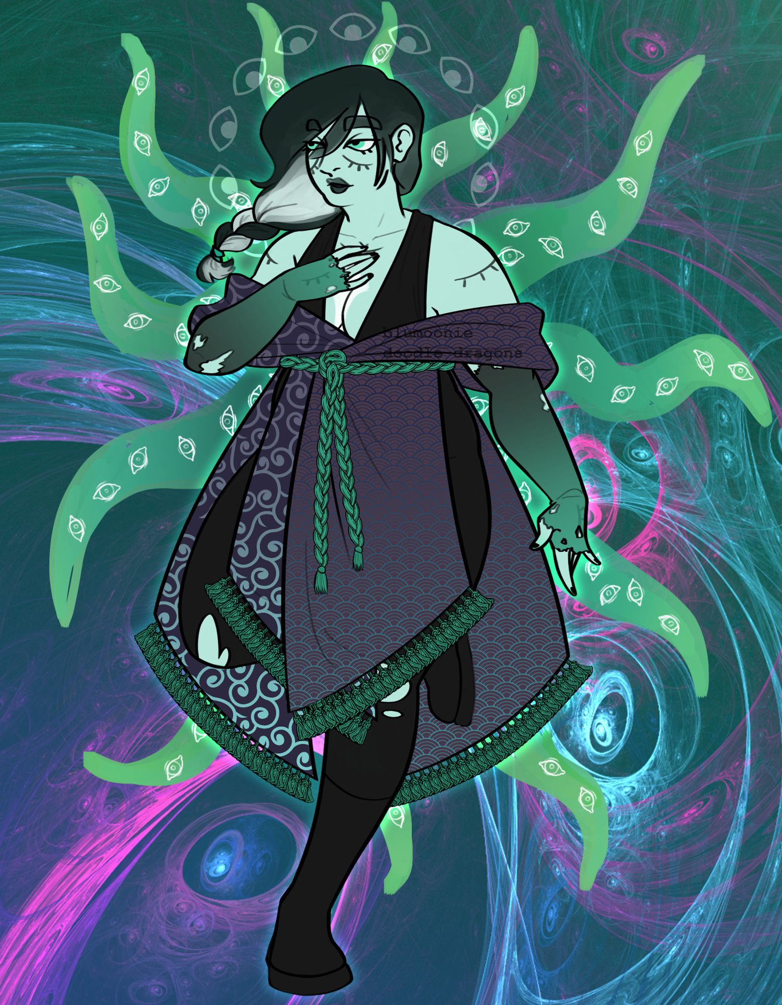 a drawing of a pale woman wearing a cobbled together outfit held together by a rope below her bust. she has one hand on her chest and looks forlorn. from her back several tentacles emanate. the background is a psychedelic mix of colors.