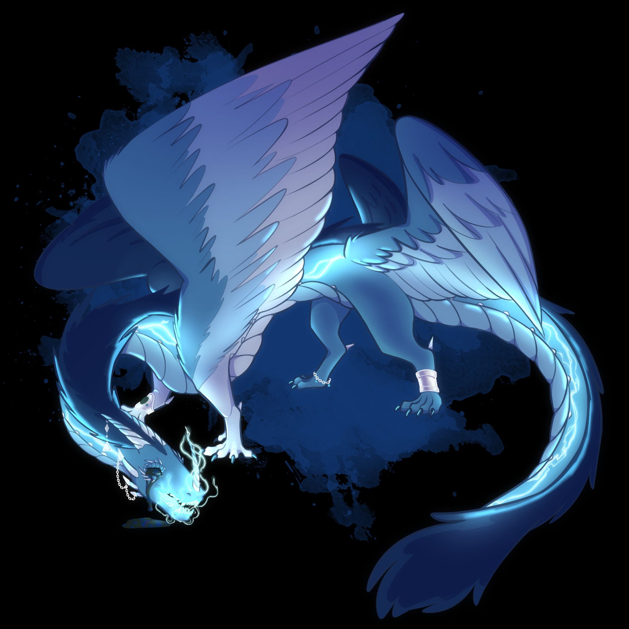 a drawing of a four winged, blue dragon. lightning crackles from her mouth and up the horn on her nose. her other horns are decorated with jewelry, which she also wears on her legs. her eyes drip with black ichor.