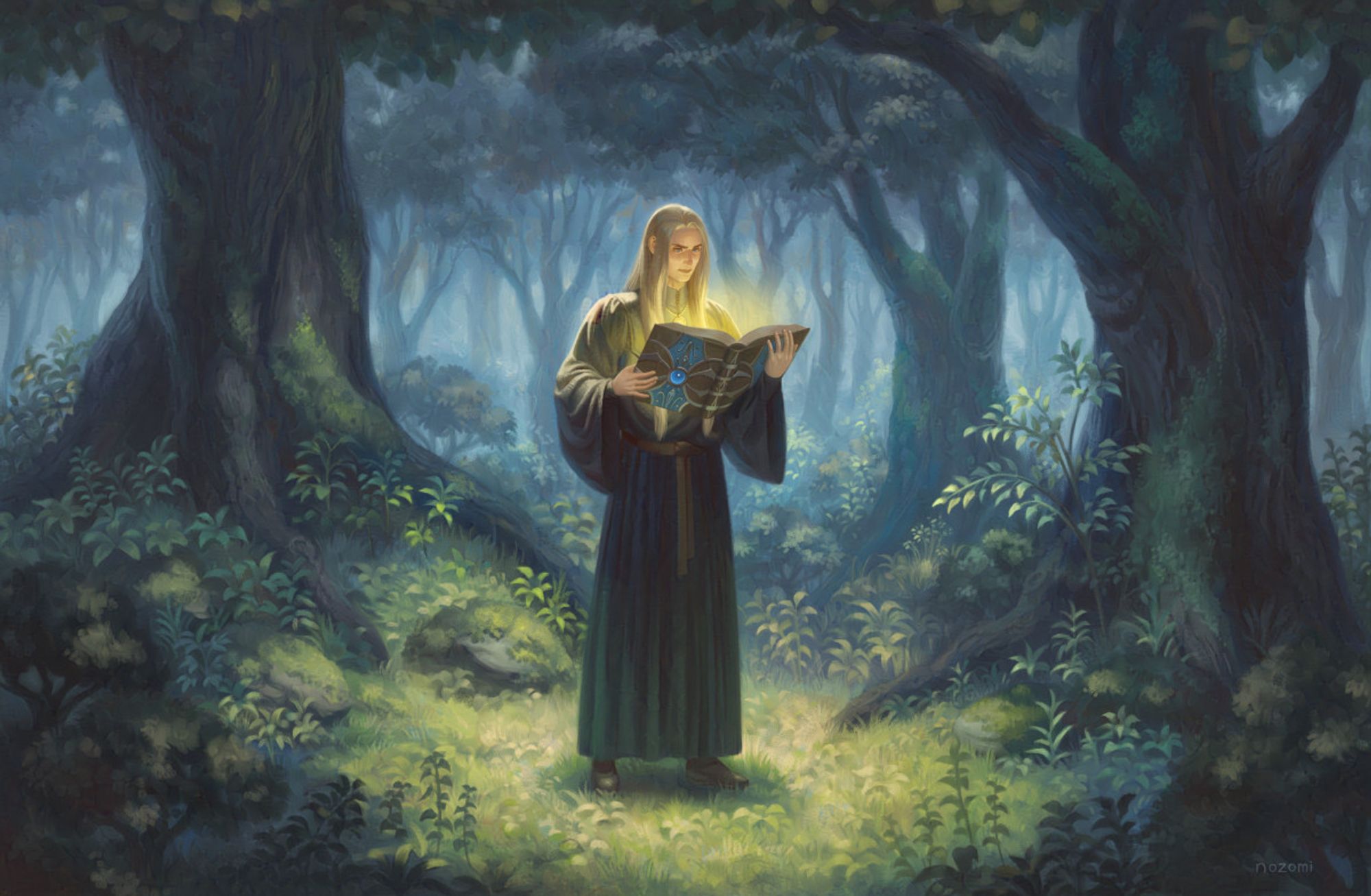 Deep in the forest, a wizard reads from a tome glowing with magic. 