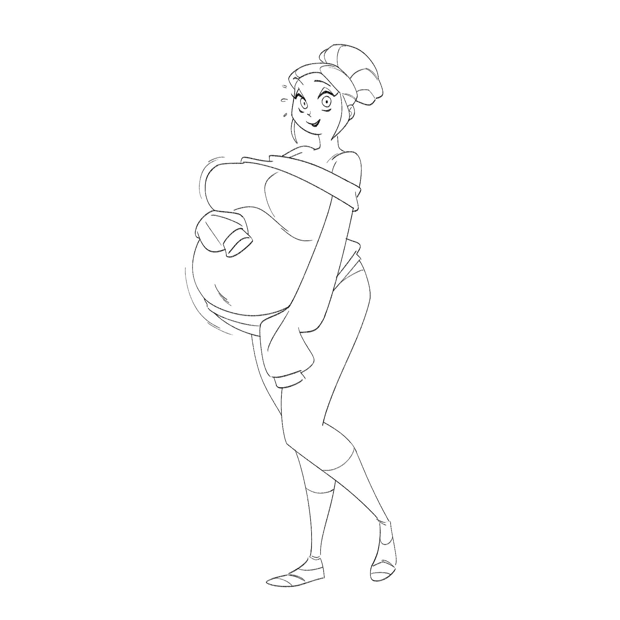 Linework of my OC Maddie. She's heavily pregnant with her hands on her large belly and her huge breasts resting atop it. She looks very happy about her current state.