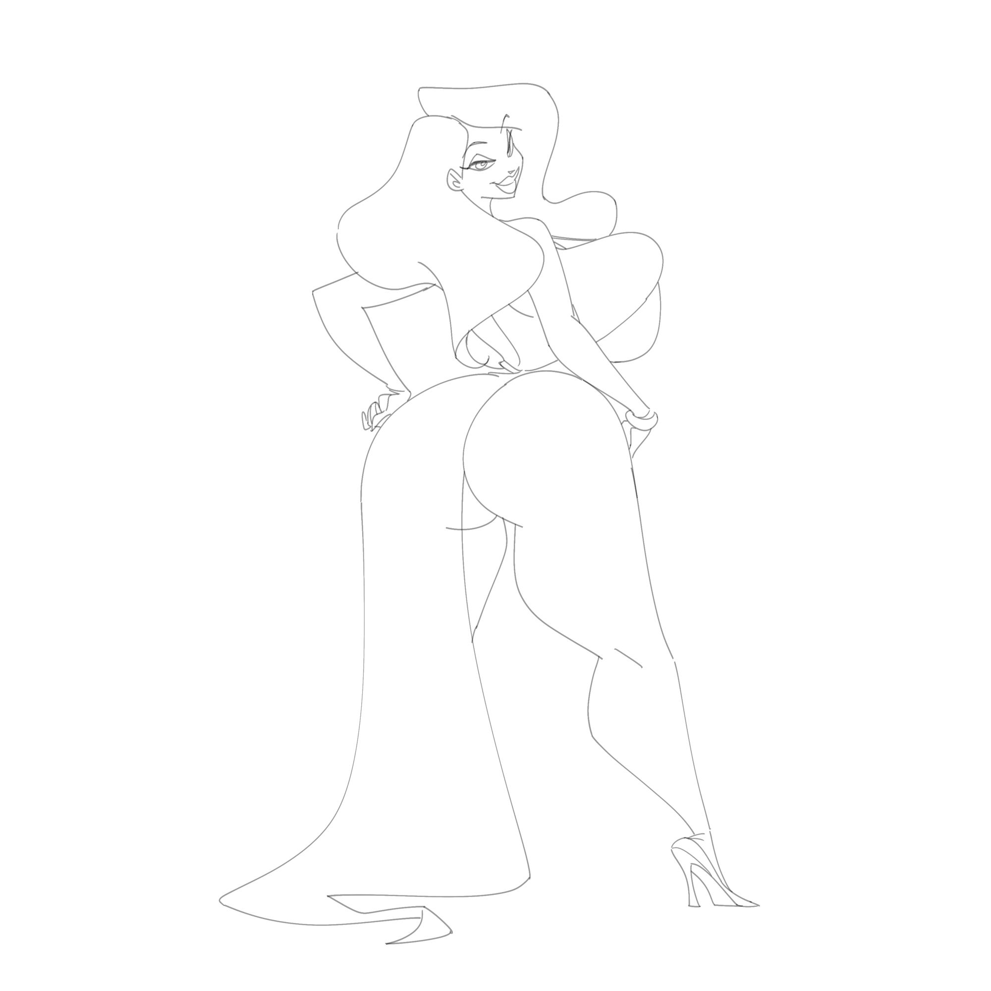 Line art of my OC Rose. She's wearing a very revealing dress and looking over her shoulder.