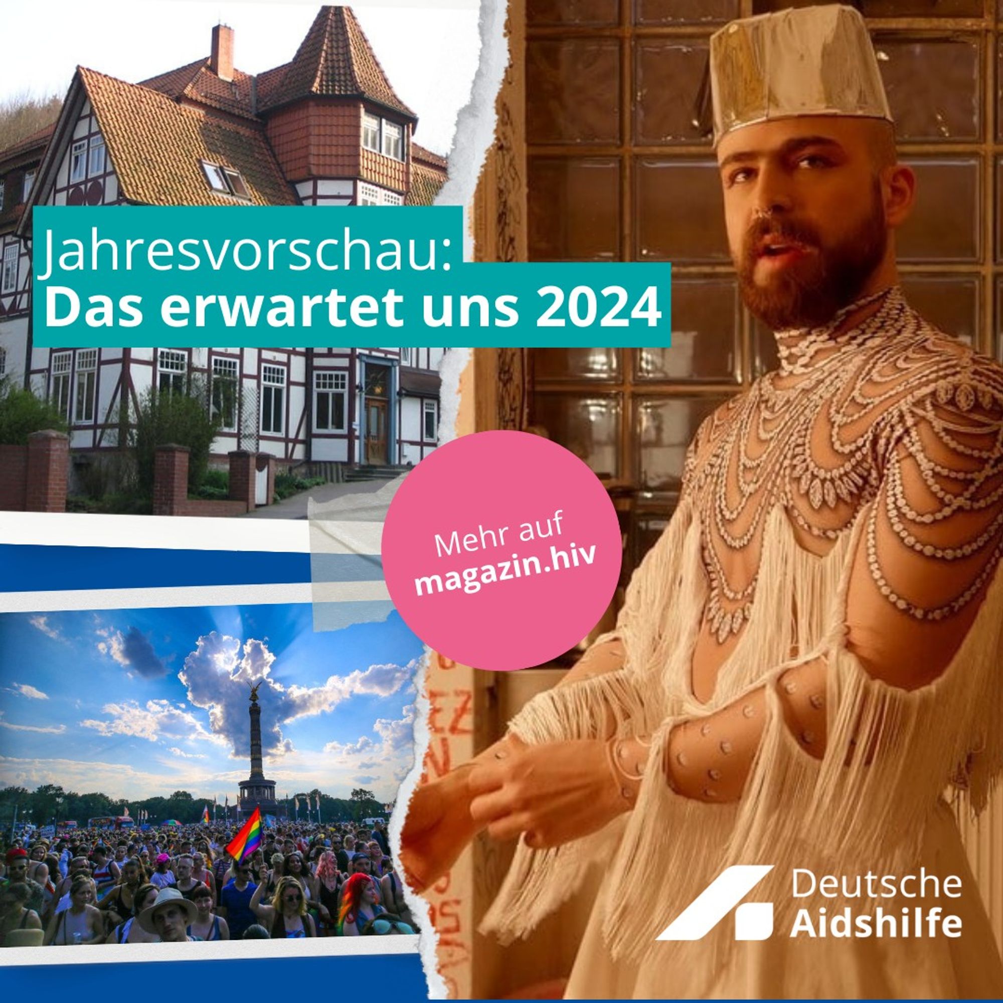 Jahresvorschau: Das erwartet uns 2024. Darauf drei Fotografien: Die Akademie Waldschlösschen, ein Bild des Berliner CSDs sowie ein Filmstill aus „Queer Exile Berlin“.