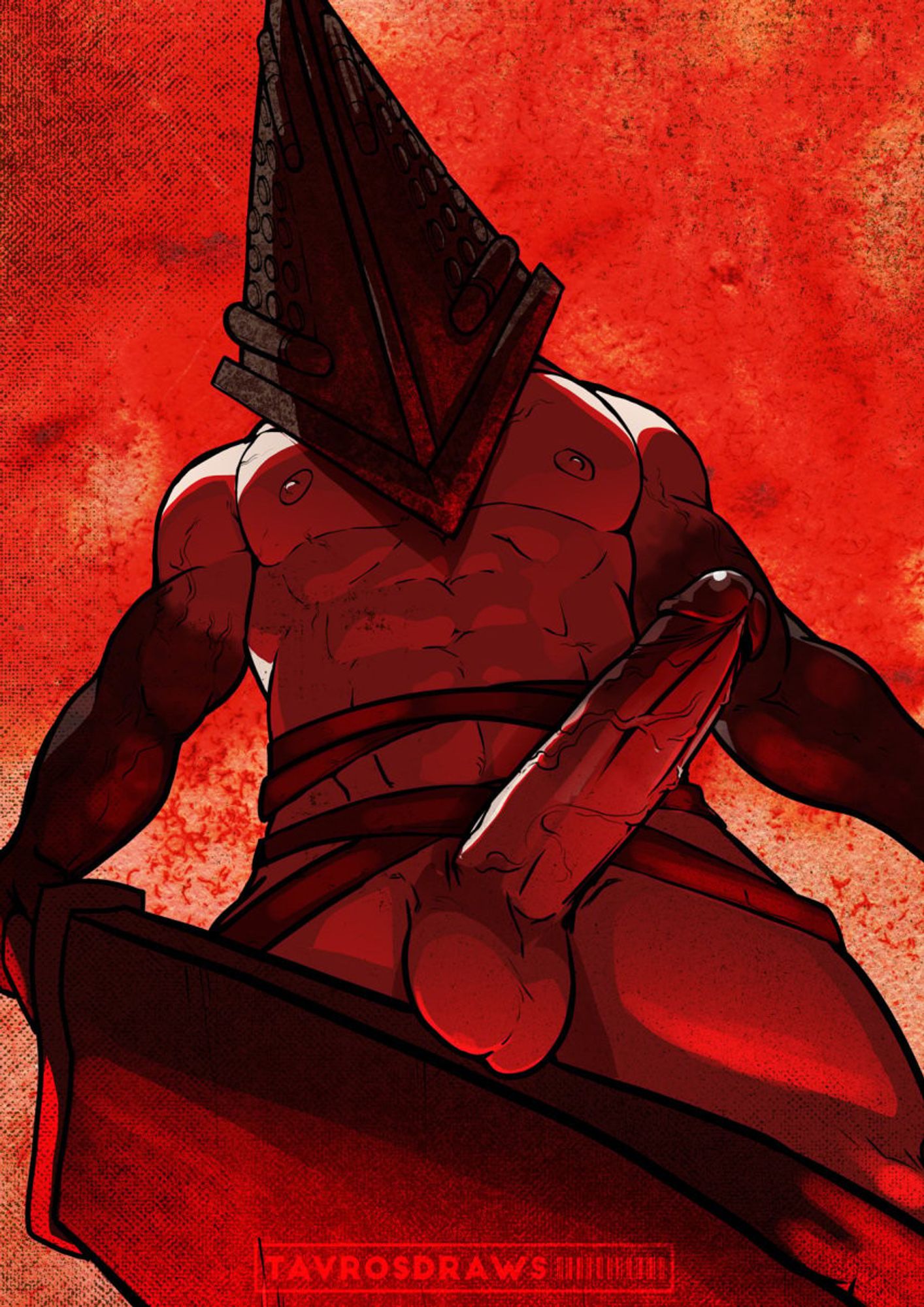 Erotic fanart of Pyramid Head from Silent Hill Homecoming, seen from below, proudly displaying his penis.