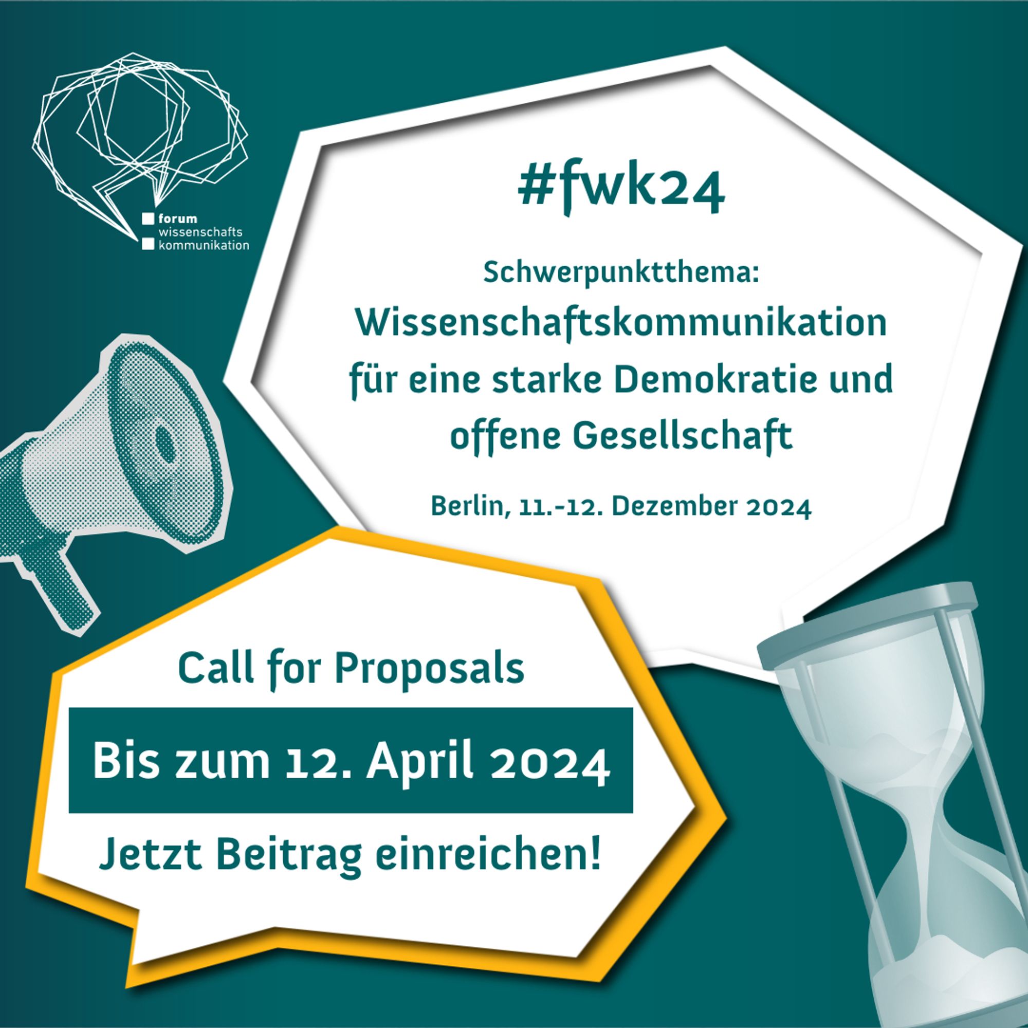 Forum Wissenschaftskommunikation #fwk24 Schwerpunktthema: Wissenschaftskommunikation für eine starke Demokratie und offene Gesellschaft. Berlin, 11.-12. Dezember 2024. Call for Proposals. Bis zum 12. April 2024. Jetzt Beitrag einreichen!