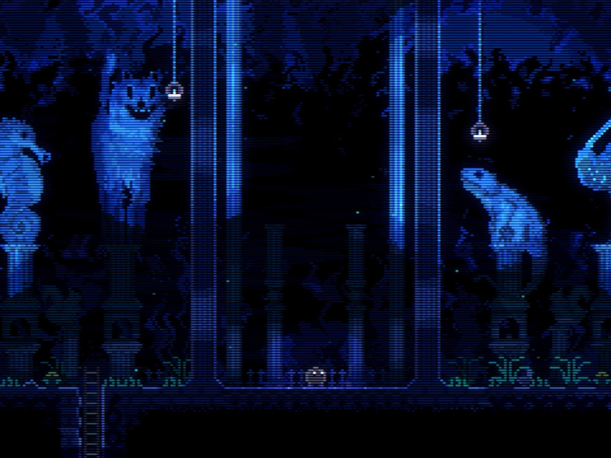 animal well screenshot

dark, spooky cavern. wet. hues of blue. ominous animal statues loom in the background. dog (wolf?). seahorse. ostrich. lizard. it's interesting.