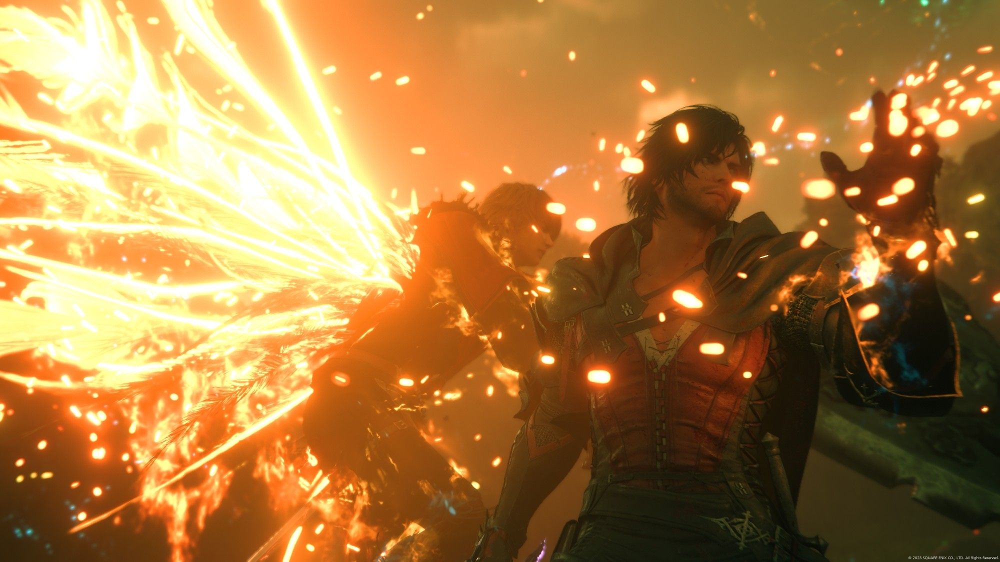 The Rosfield brothers, both facing to the right of the photo. Joshua has his glowing Phoenix wings out in the midst of battle and Clive is standing in front of him with his arm outstretched. The two of them are surrounded by glowing orange sparks of fire magic.