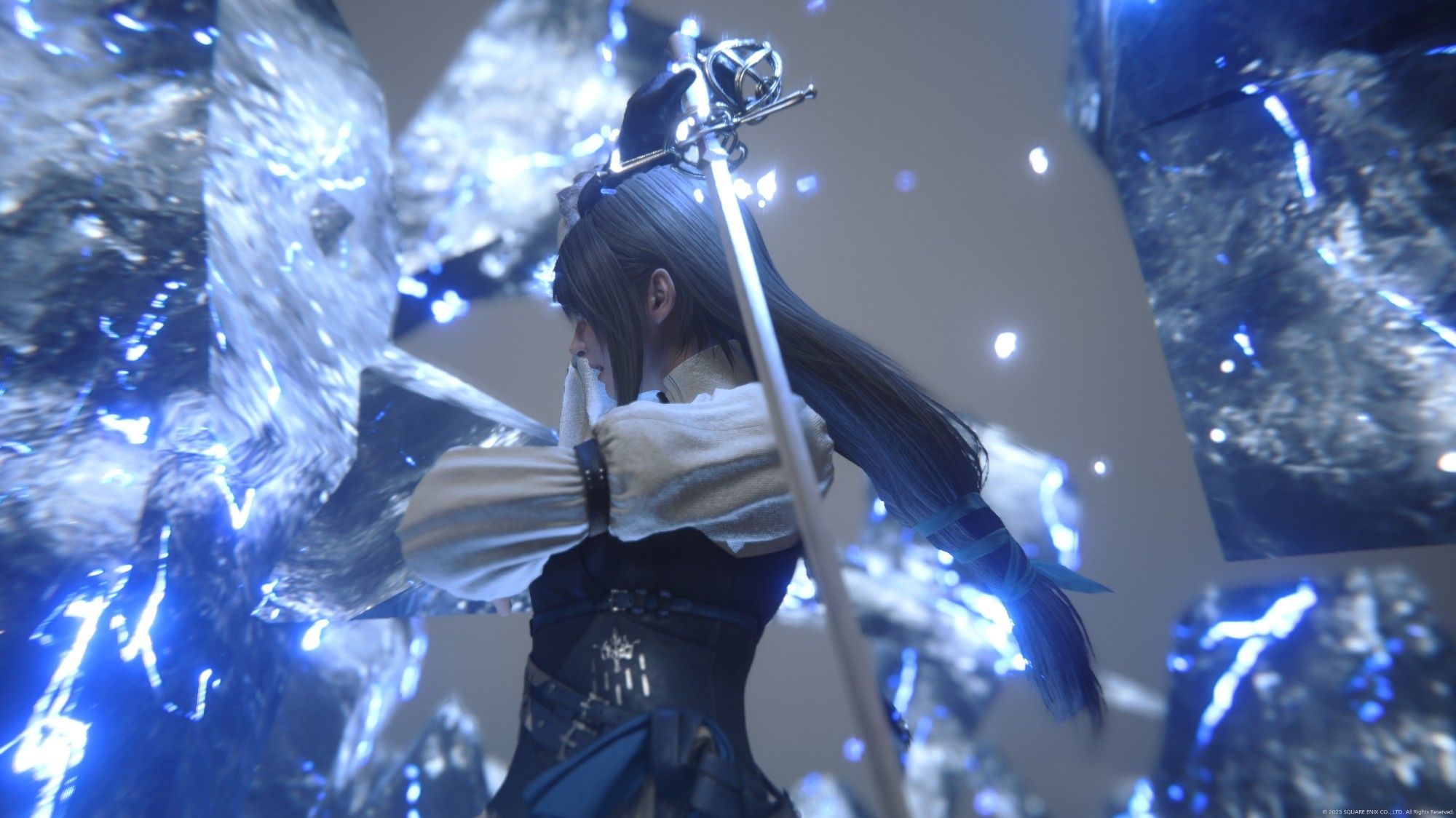 Jill doing a cool pose with her sword with giant ice crystals in the background