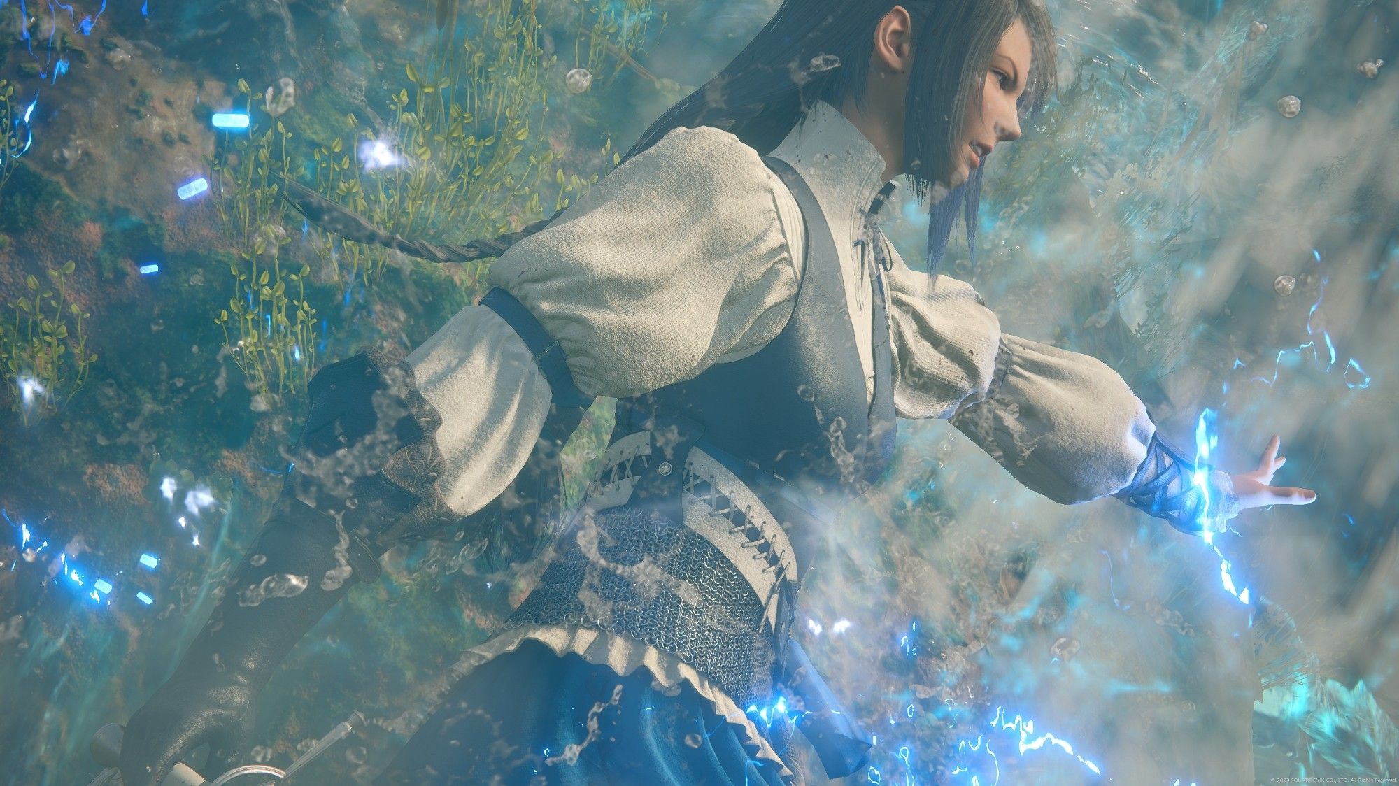 Jill Warrick with her left arm outstretched to cast a spell, her right hand brandishing a sword. She is surrounded by water splashes and glowing blue particles, giving the appearance of her freezing the water. Part of an Adamantoise's shell covered in small green sprouts can be seen behind her.