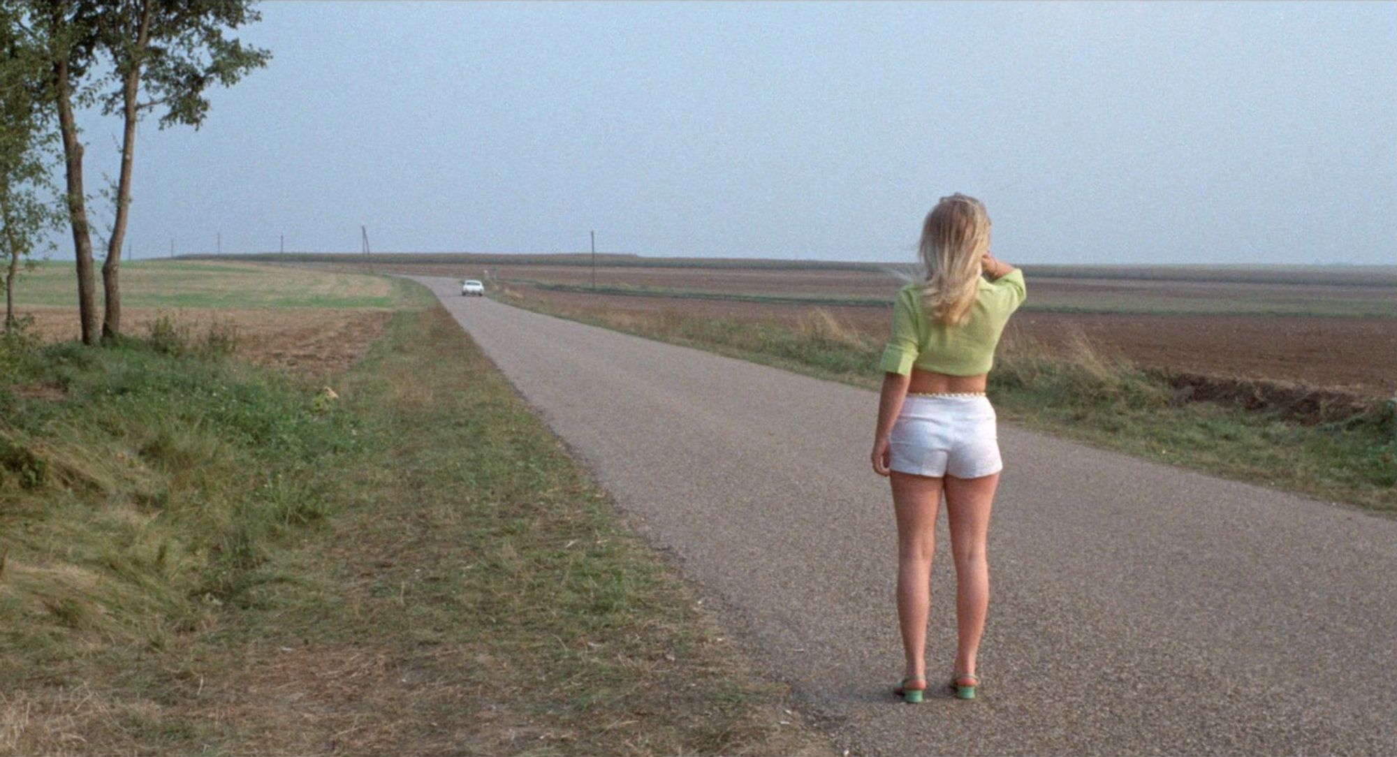 A woman looking at a car that presumably is being driven by a rude Frenchman.