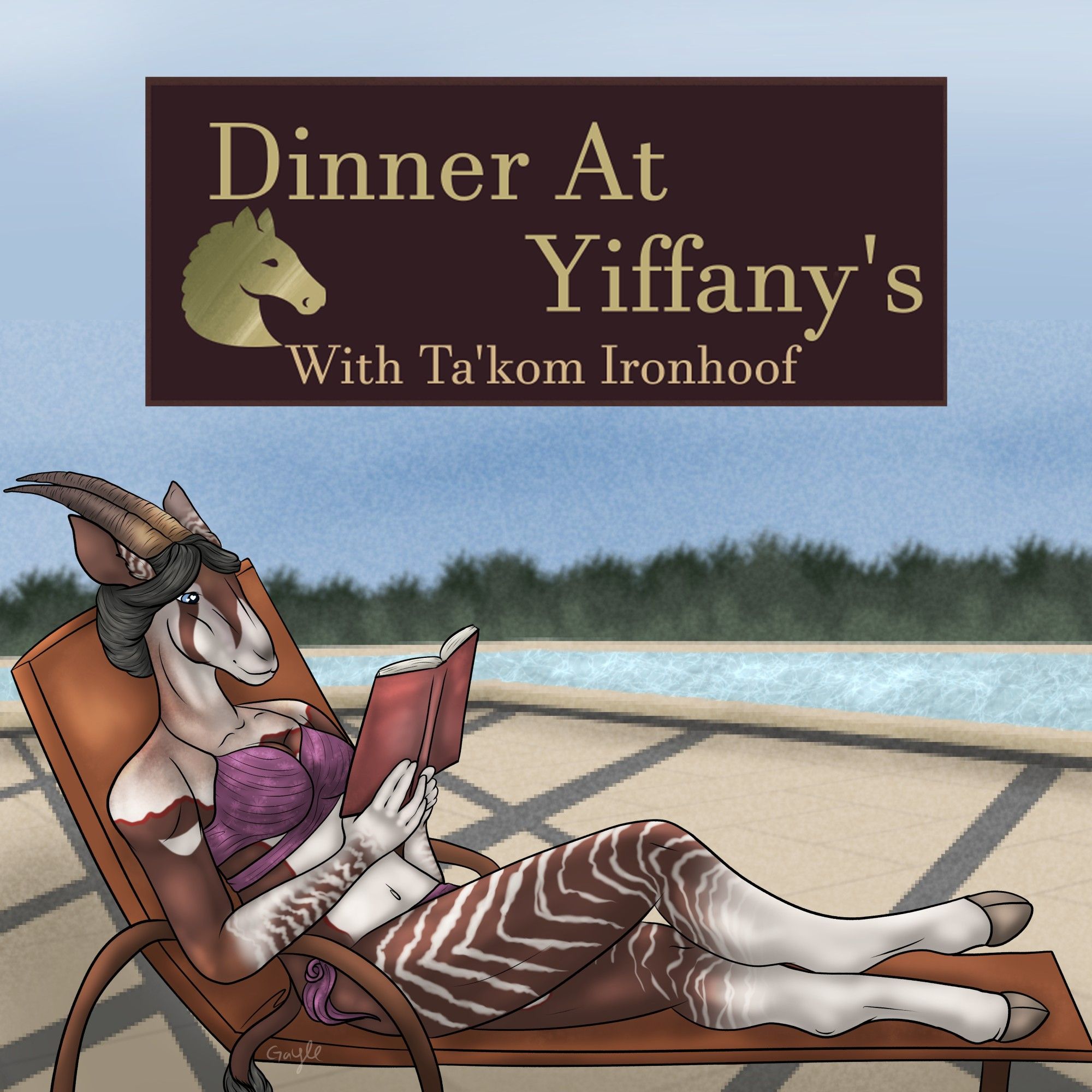 Podcast art for "Dinner At Yiffany's". Sarah, an anthropomorphic east african oryx, is sitting on a beach chair in a purple bikini reading a book.