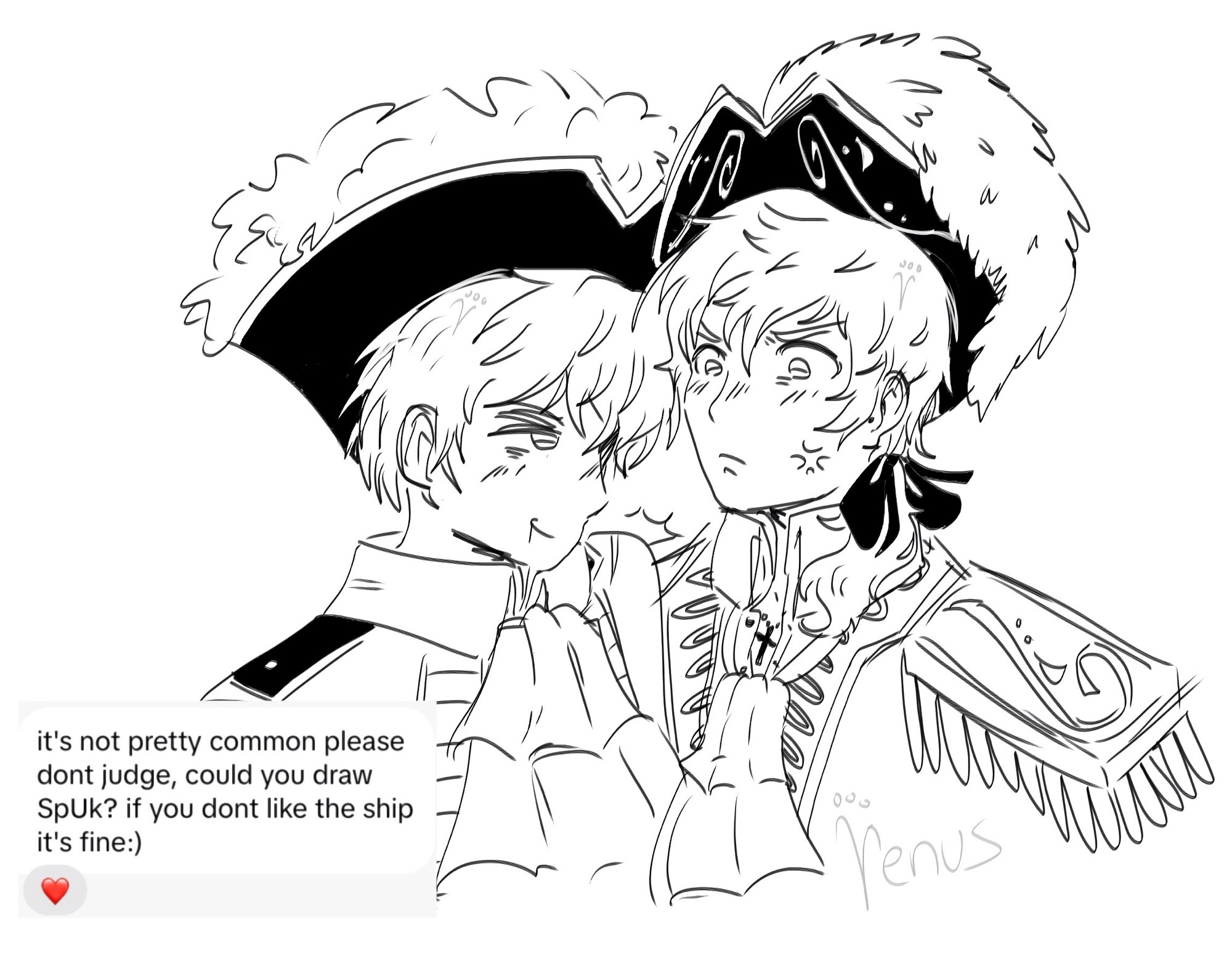 Art Requests I fulfilled. “it's not pretty common please dont judge, could you draw SpUk? if you dont like the ship it's fine :)” SpUk is the ship between Spain and United Kingdom in the Hetalia Series. They are dressed in pirate attire.