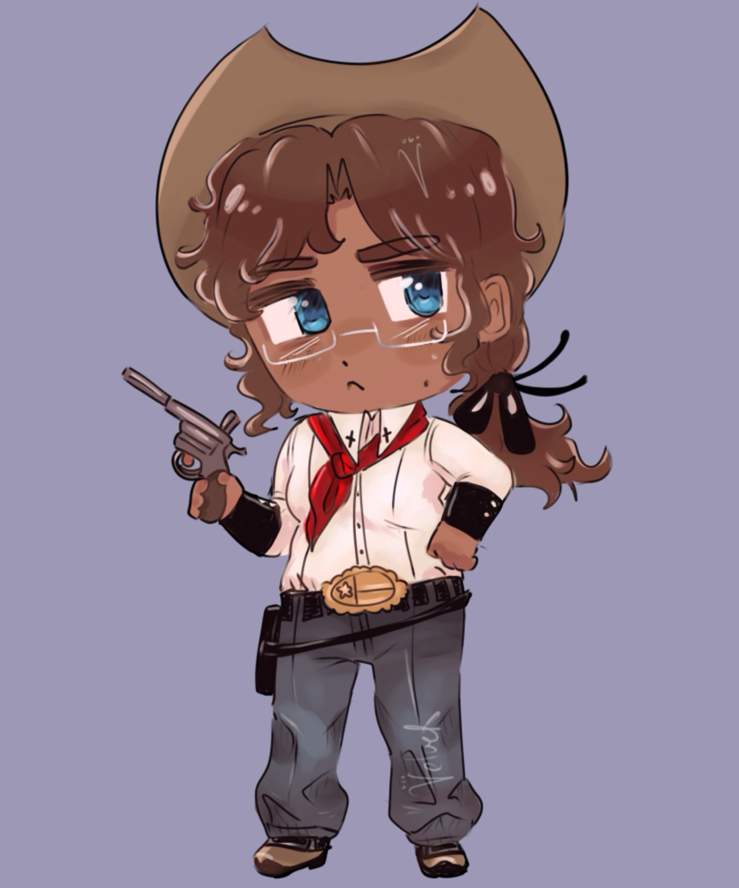 My original character, Texas or Tejas, who is a fan character for the Hetalia series. She is dressed in a white button up shirt, blue jeans, a cowboy hat, and wielding a revolver. The style is mimicking the Hetalia Chibi style.