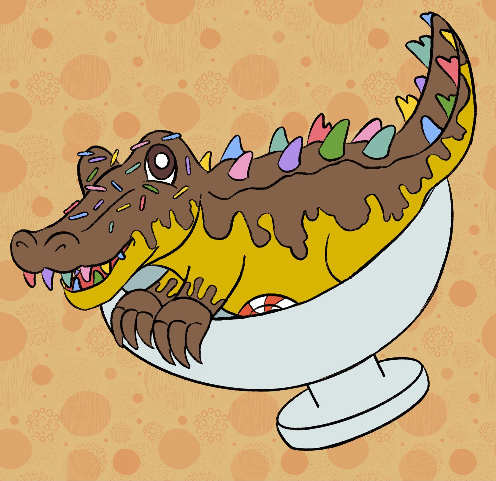 A banana split alligator in a dish