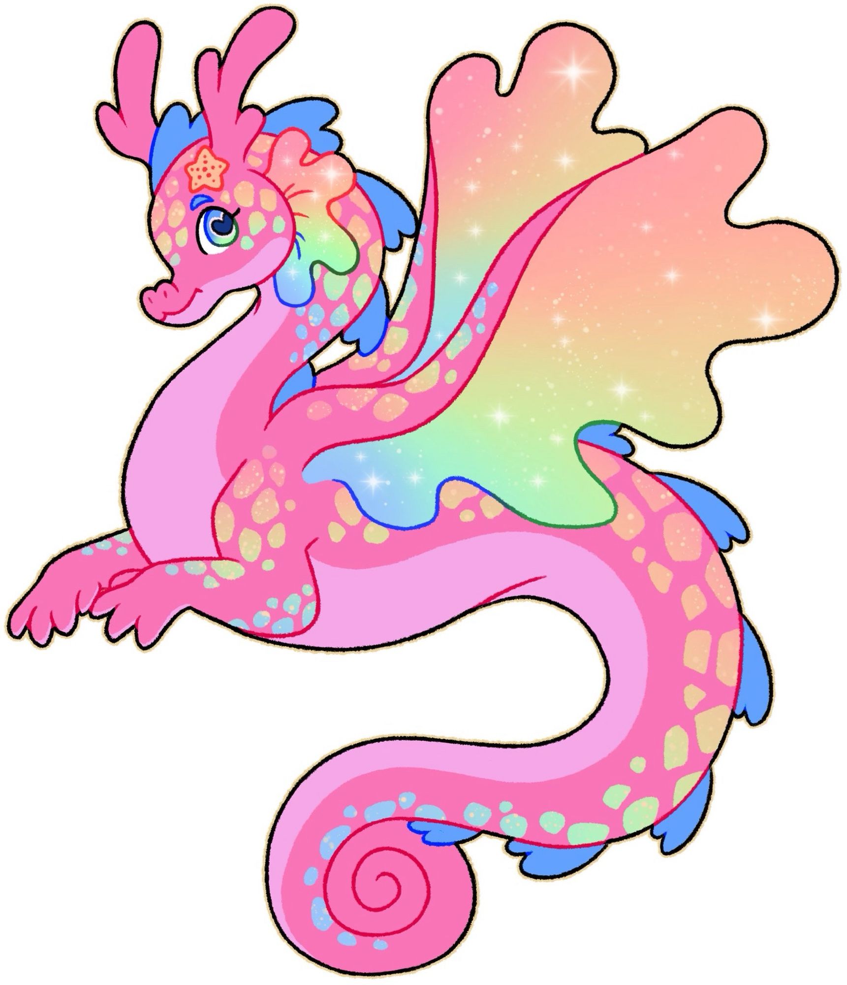 A pink sea horse with rainbow spots and wings