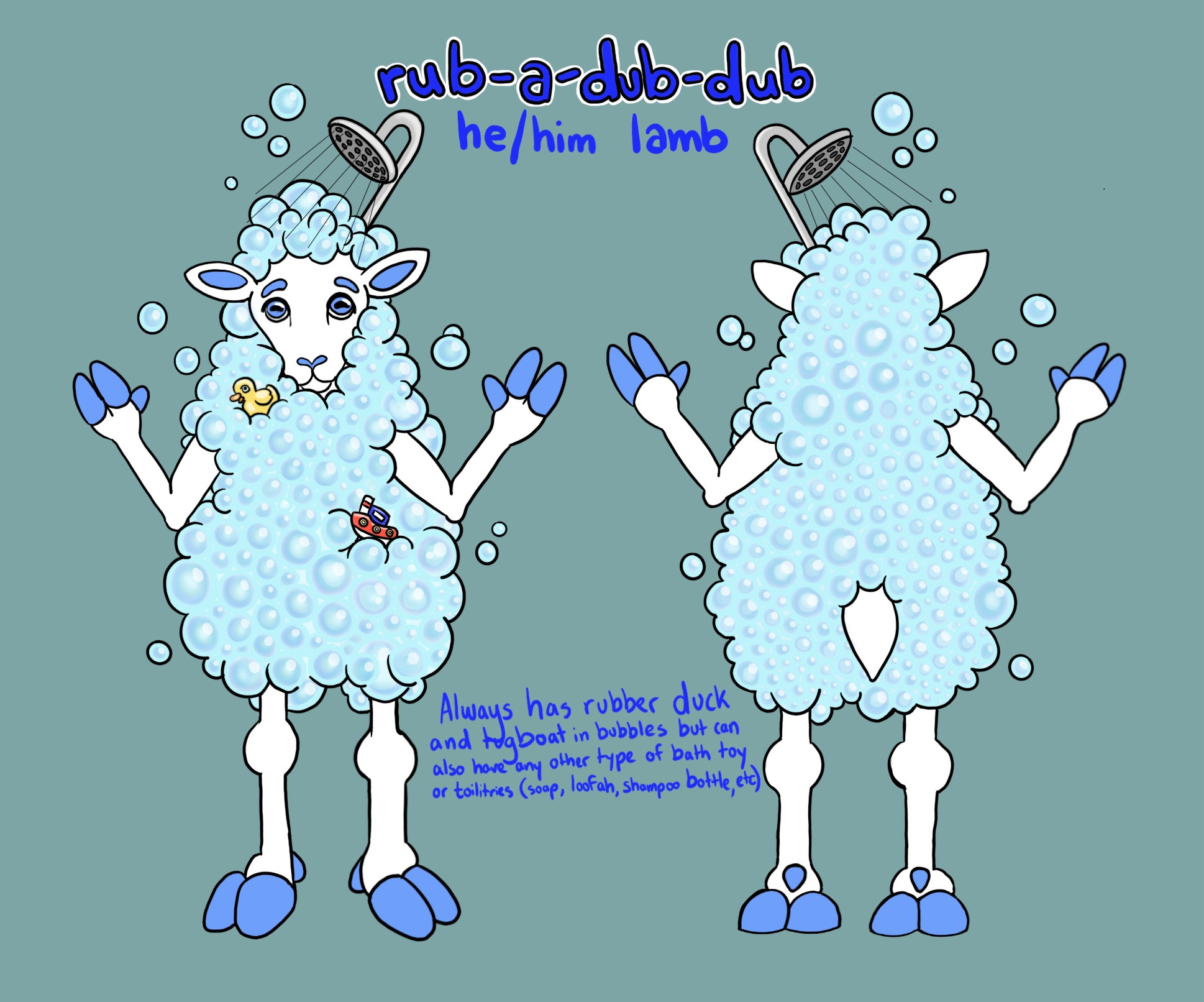 A reference sheet for a white anthro sheep with bubble fur