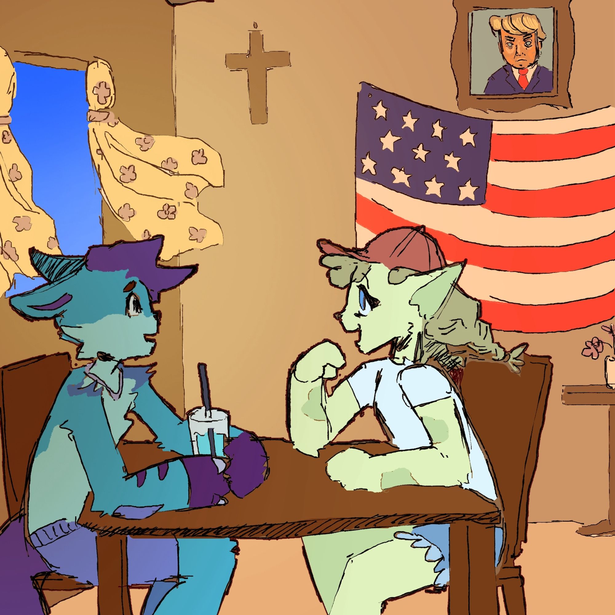 A blue dog and yellow cat sitting at a table with conservative imagery in the background