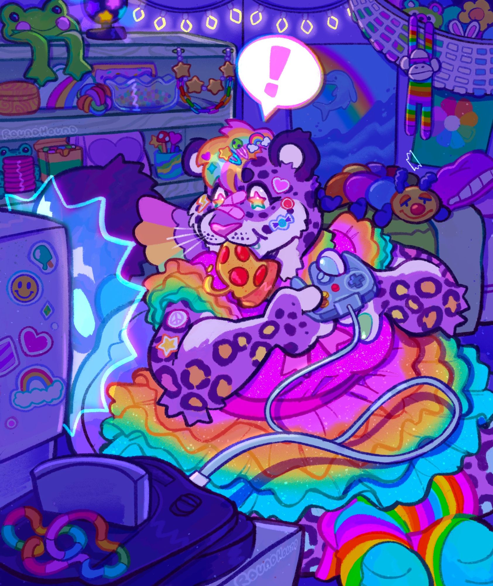 A fat purple snow leopard wearing a rainbow dress playing a N64 whole sitting in a bedroom full of rainbow memorabilia