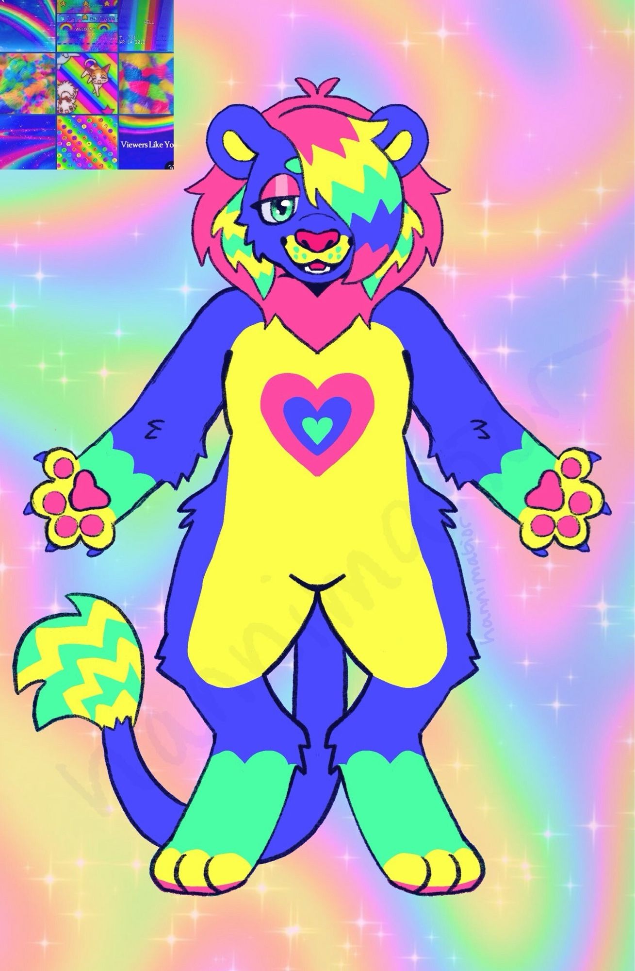 A blue anthro lion with neon rainbow features