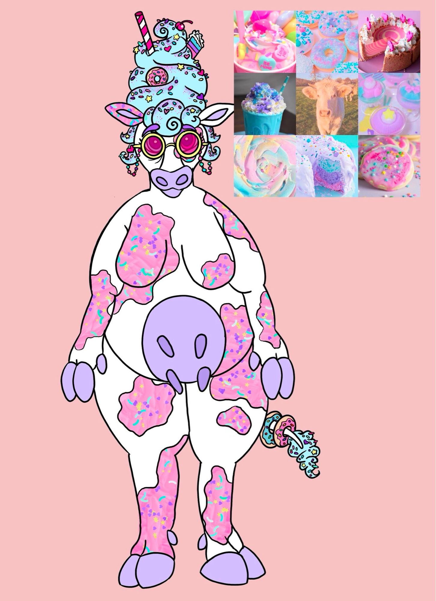 A pink and white anthro cow with purple hooves and accents with blue beehive hair covered in sprinkles and desserts