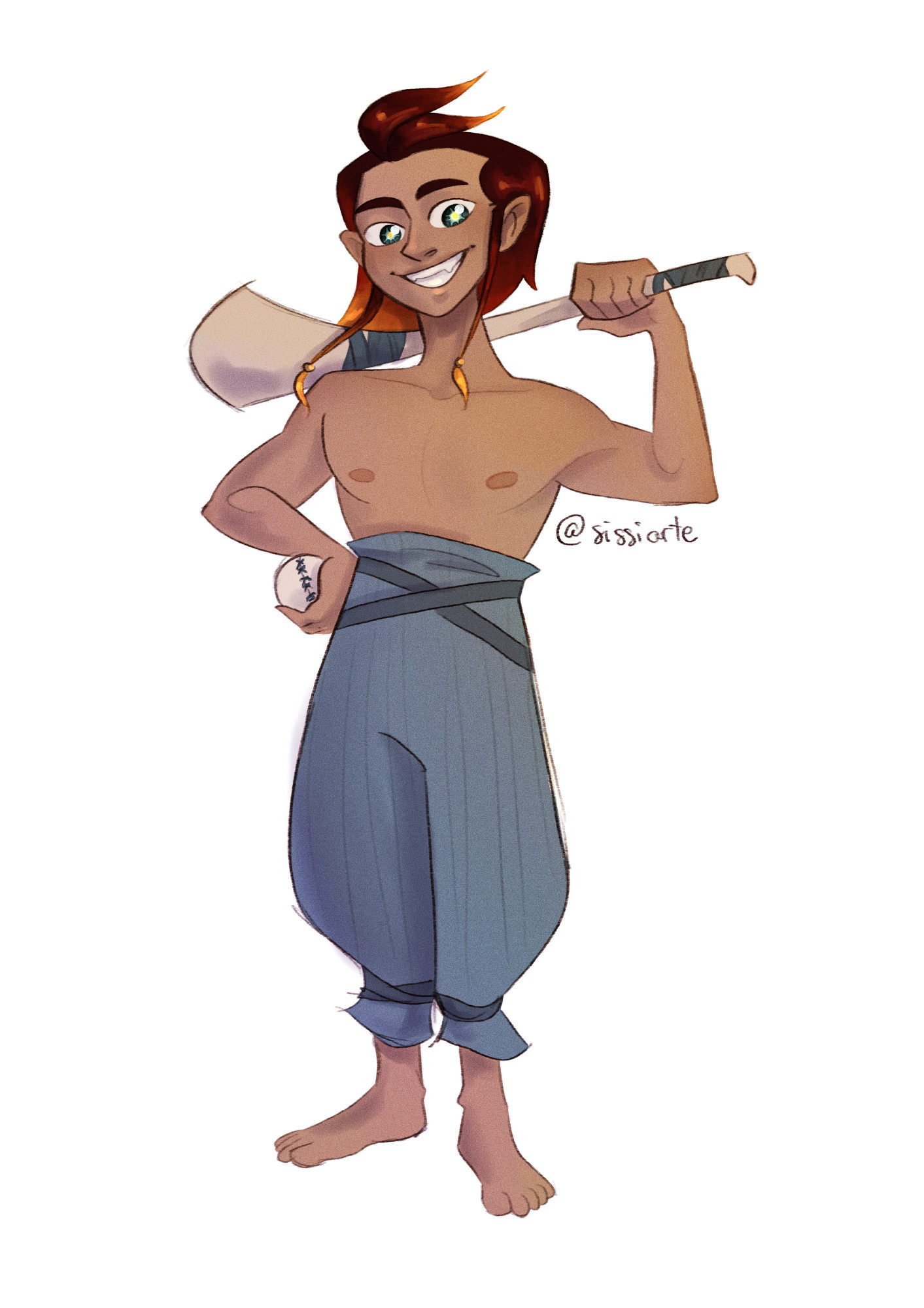 digital drawing of cú chulainn as a kid. He is shirtless and wearing blue baggy trousers. He smiles a toothy grin showing his little fangs and holds a hurley stick on one hand resting it on his shoulders. His ears are a bit pointed.