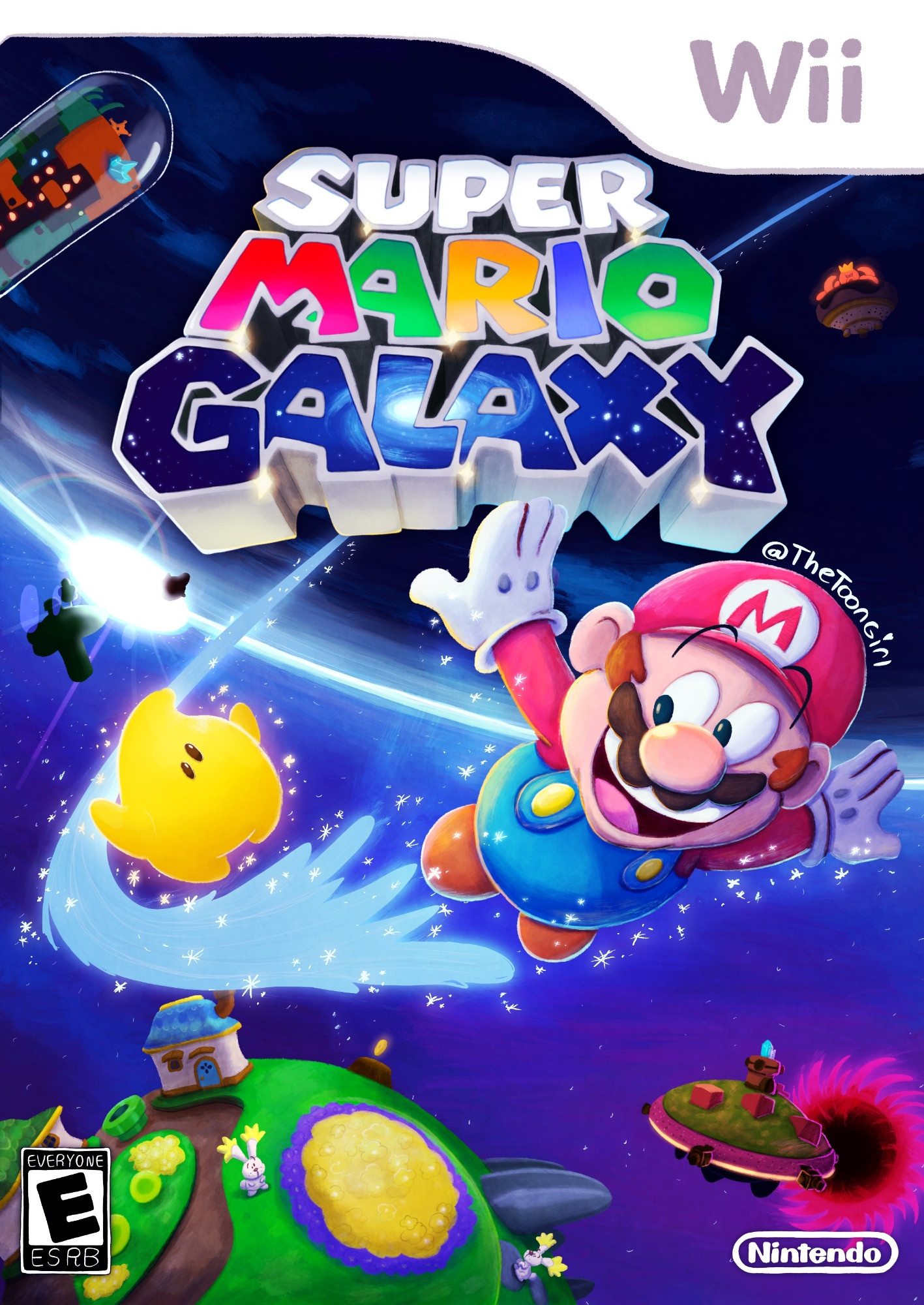 A redraw painting of Super Mario Galaxy boxart


Mario is flying past a yellow Luma, smiling at him. A light blue streak is following him.

There are many planets including a glass planet at the top left, a lava octopus planet at the top right, a big planet with houses and bunnies at the bottom left, and a planet getting sucked into a black hole in the bottom right.

There are also 2 small planets by the shine in the middle left.

The background is space with a lot of stars.


There's a Wii template at the top, the "E for Everyone" logo at the bottom left corner, and a white Nintendo logo at the bottom right corner.