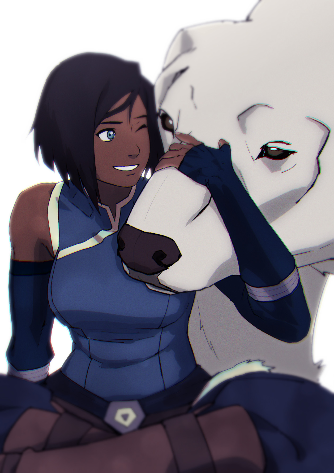 korra smiling and petting naga's snout as naga leans in over korra's shoulder