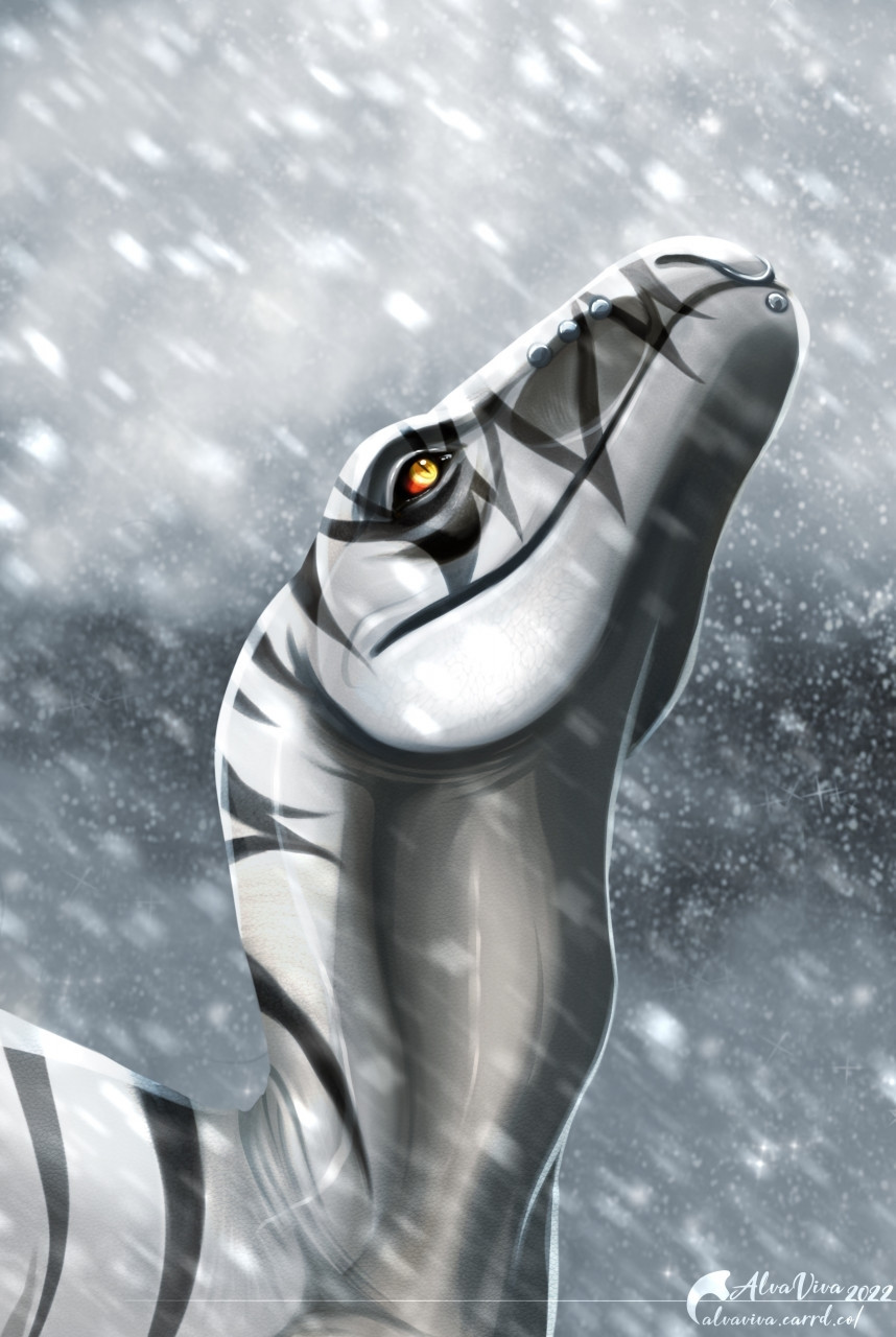 A piece of art of Pye the velociraptor looking up to a cloudy, snowy sky.