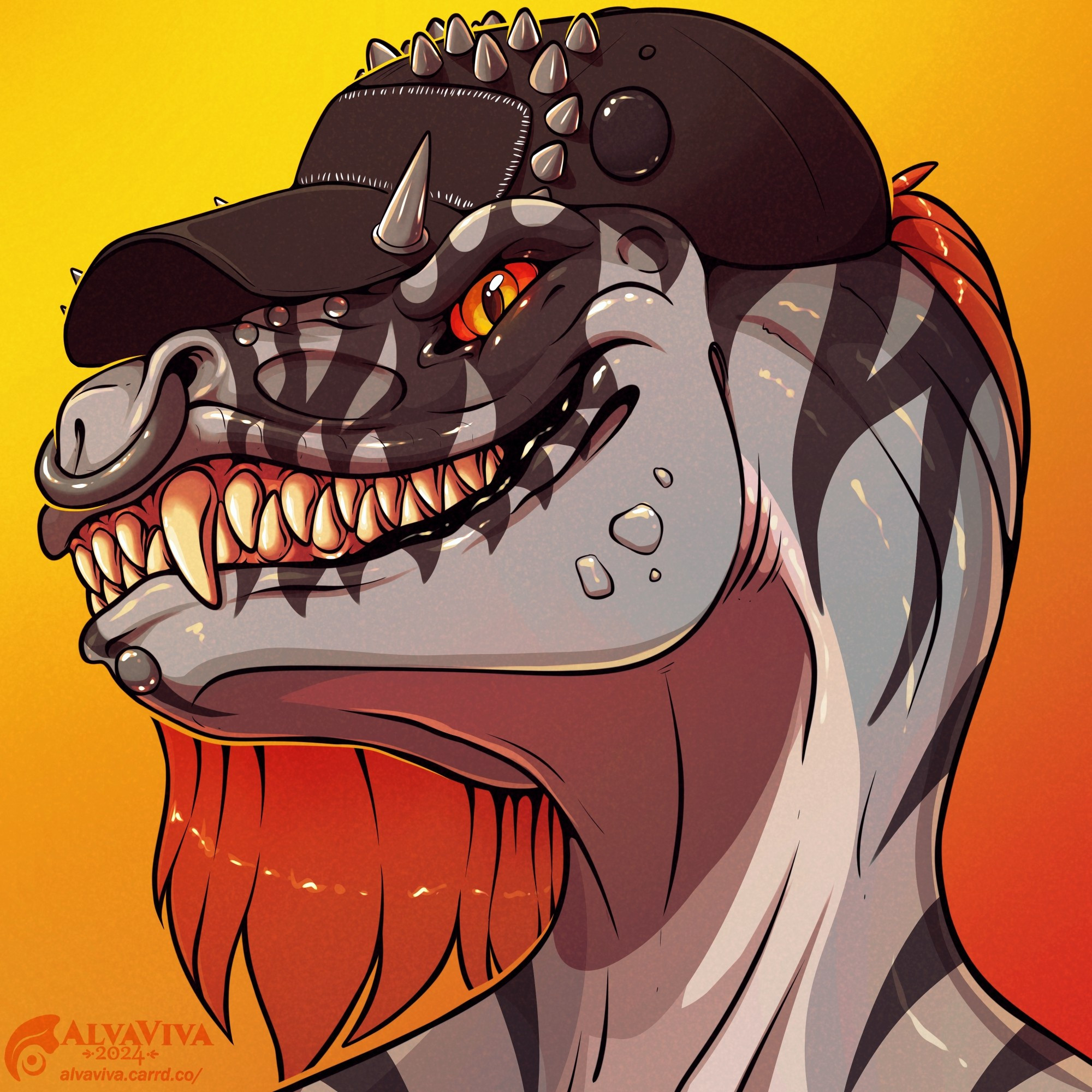 Art of Pye the velociraptor wearing a spikey patched crust hat. She has a big toothy grin and facial piercings.