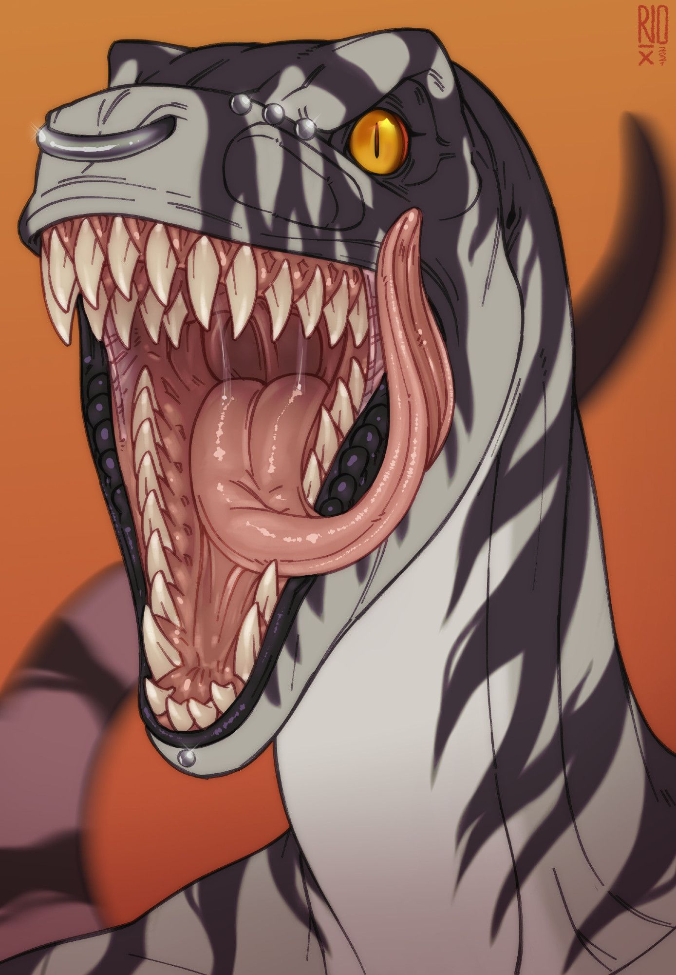 Digital artwork of Pye the velociraptor. Orange background. Pye has her mouth open wide, tongue and teeth on show.