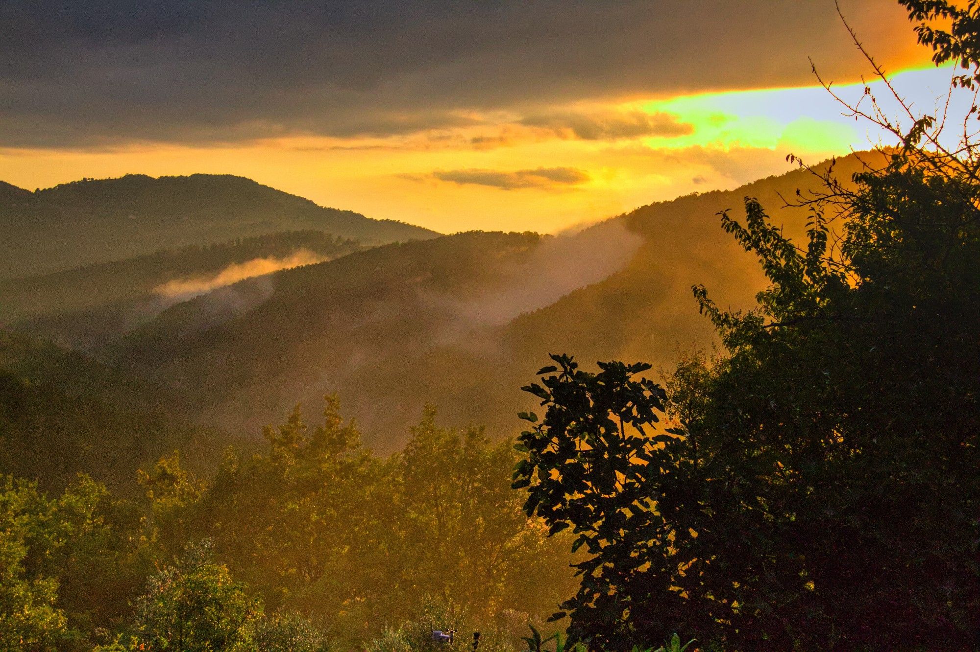 an orange misty sunset in amongst wooded mountains with the sun setting on the right