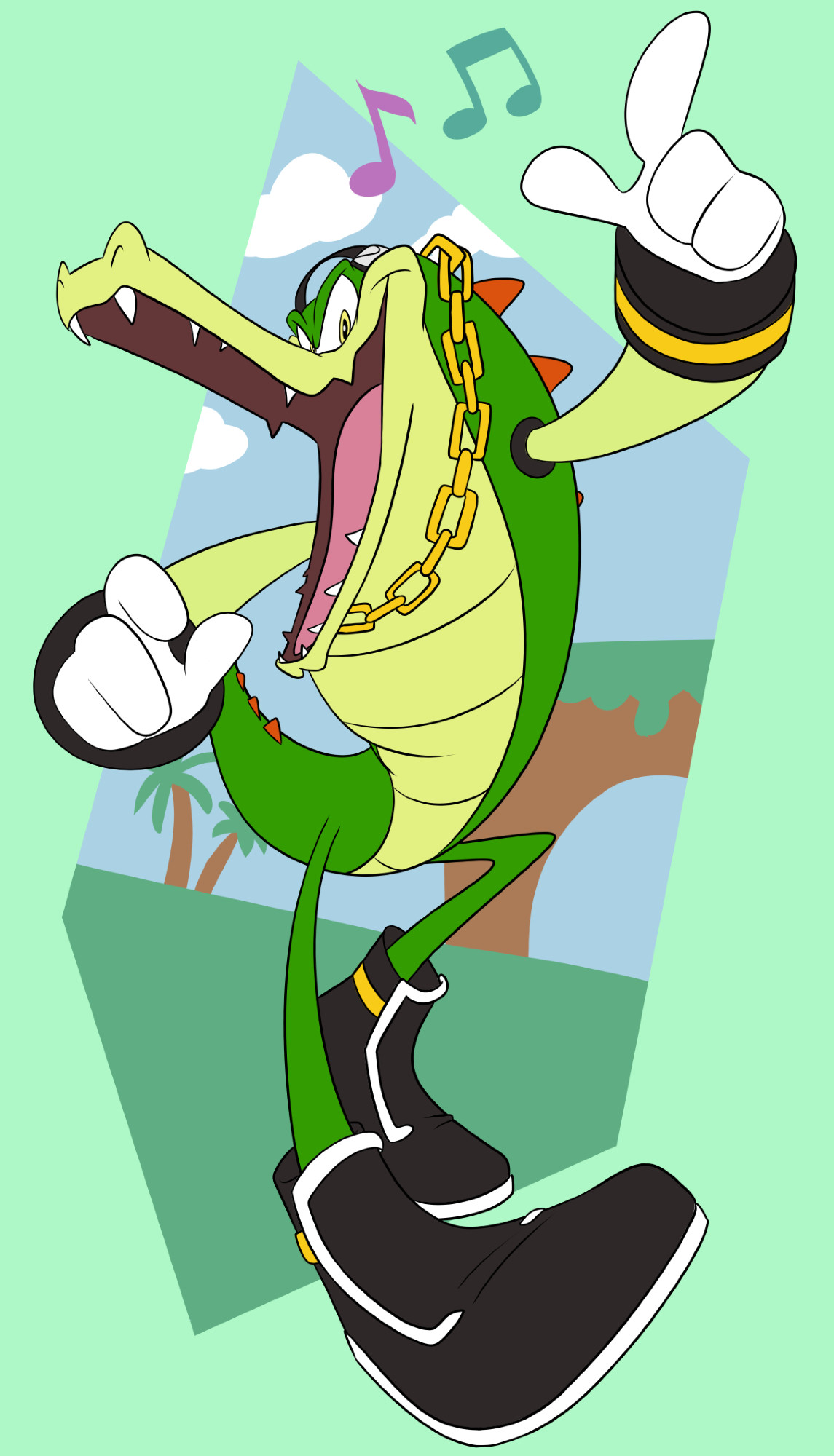 Fanart of Vector the Crocodile from the Sonic series grooving to music playing on his headphones.