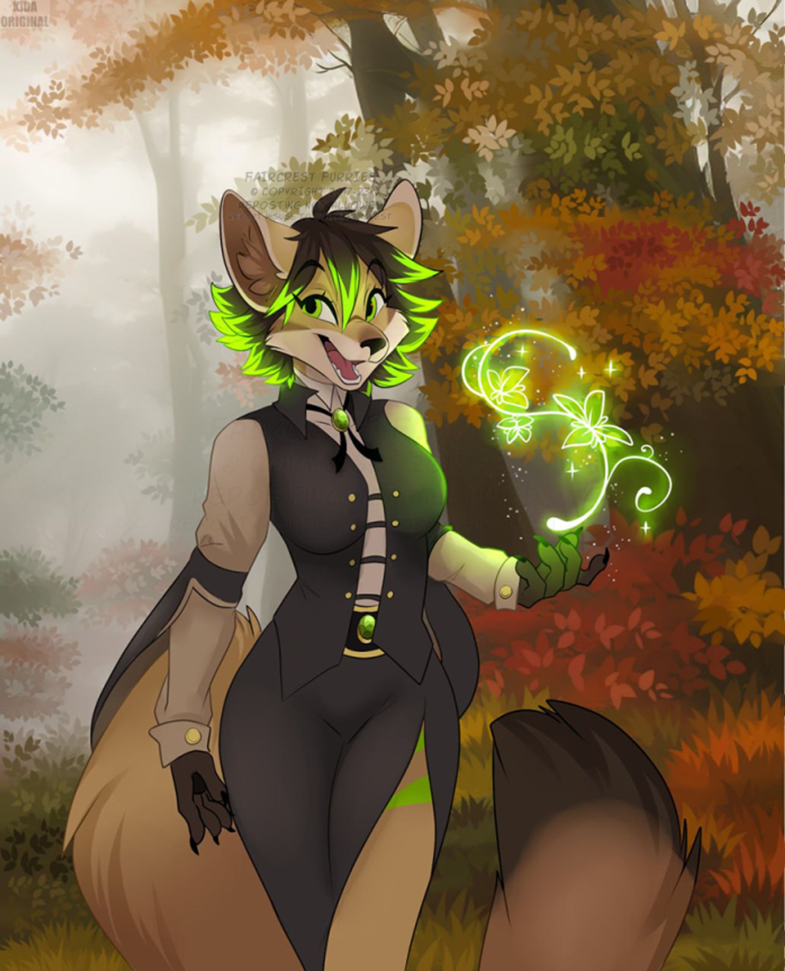 Jade Faircrest standing next to fall trees casting her green nature magic