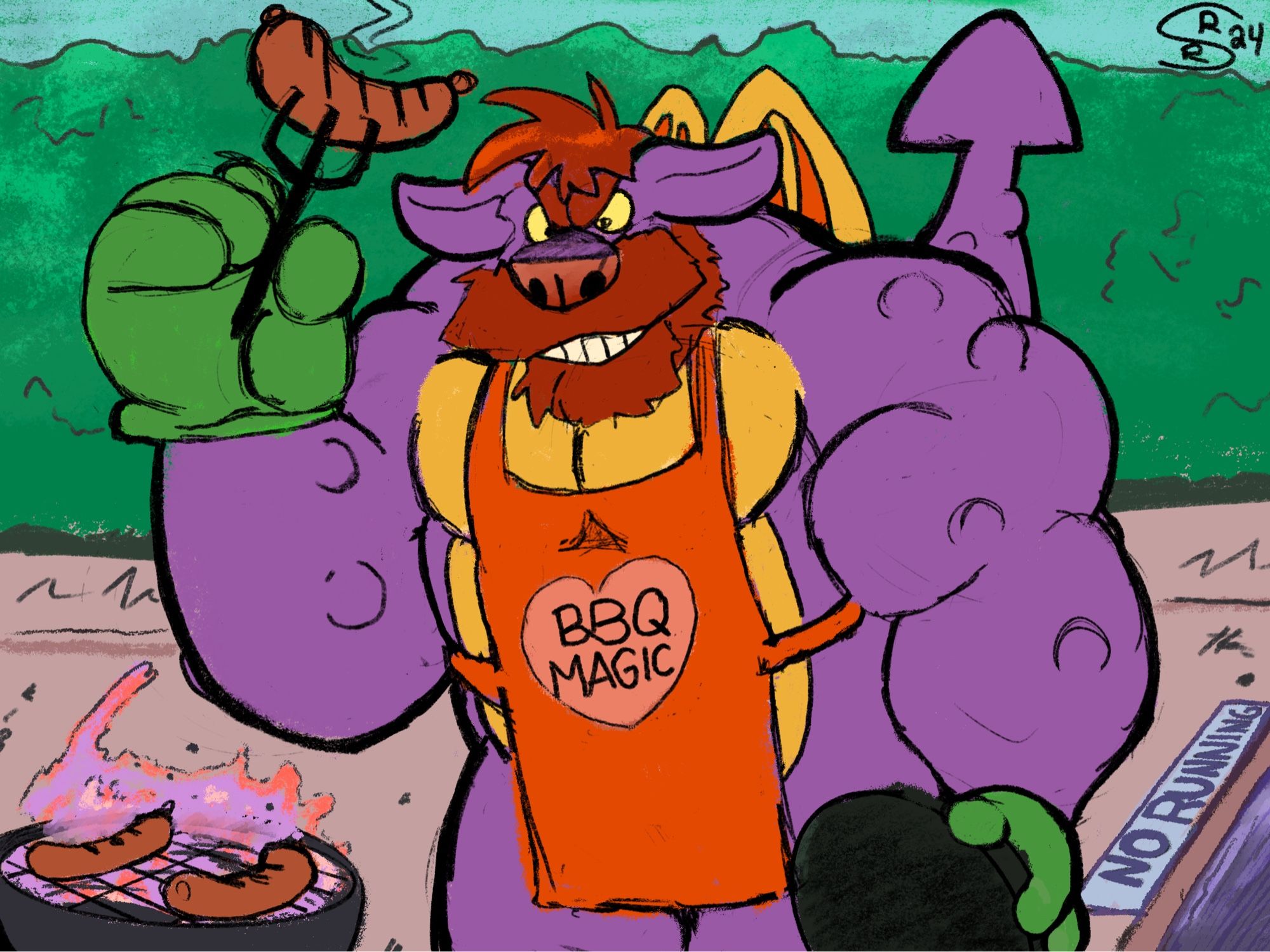 My Dragon Quest ArchDemon Sona grilling on a barbecue with magic and wearing a cute apron