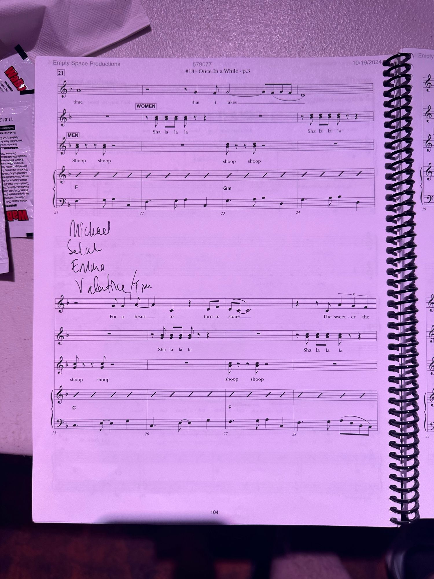 Photo of sheet music for the song “Once in a While” from Rocky Horror