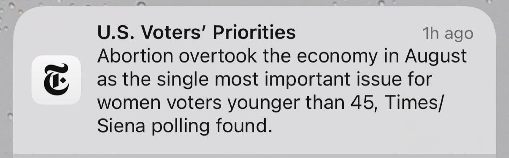 Nyt: Abortion overtook the economy in August as the single most important issue for women voters under 35.