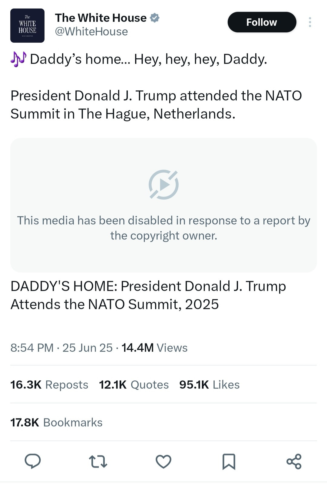 White House X post:

🎶 Daddy’s home… Hey, hey, hey, Daddy.

President Donald J. Trump attended the NATO Summit in The Hague, Netherlands.