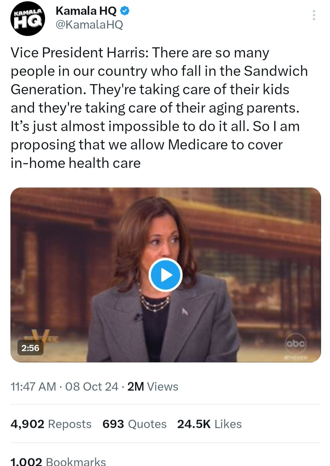 Vice President Harris: There are so many people in our country who fall in the Sandwich Generation. They're taking care of their kids and they're taking care of their aging parents. It’s just almost impossible to do it all. So I am proposing that we allow Medicare to cover in-home health care