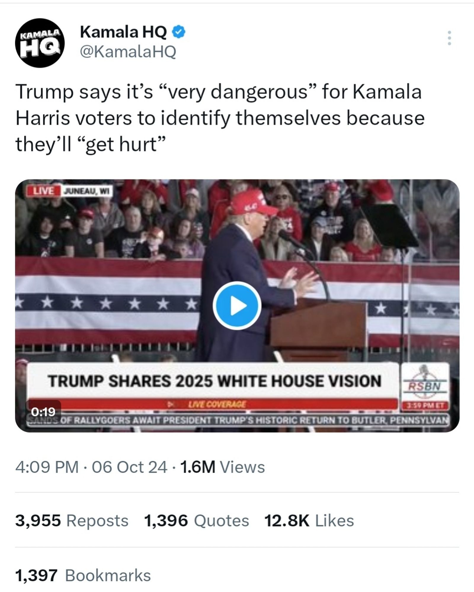 Trump says it’s “very dangerous” for Kamala Harris voters to identify themselves because they’ll “get hurt”