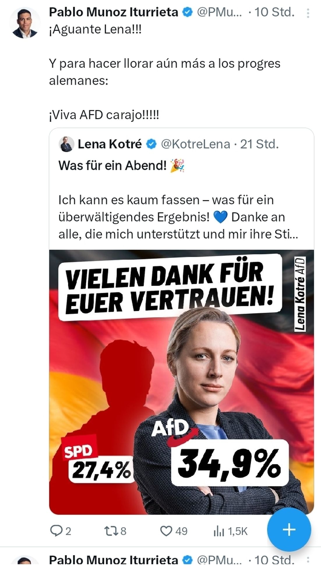 Ein Screenshot zeigt einen Tweet vom X-Account von Pablo Muñoz Iturrieta mit einem Foto der AfD Kandidatin Kotré und dem Kommentar "Viva AfD carajo"