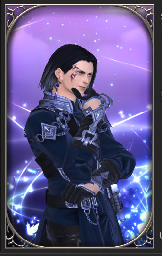 March, a hyur midlander, in the upscaled sage artifact gear from PVP. It is dyed dark blue and black