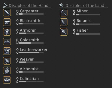 A screenshot of the FFXIV Disciples of Hand and Land jobs, all very low level because I am an idiot who swapped mains