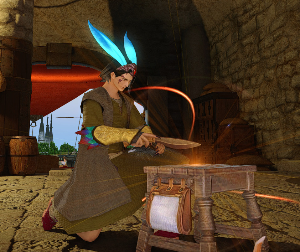 March, a hyur midlander. He's in just a true tragedy of an oufit, a sort of rucksack situation with red shoes, ixal gloves (yellow with bright feathers) and carbuncle ears