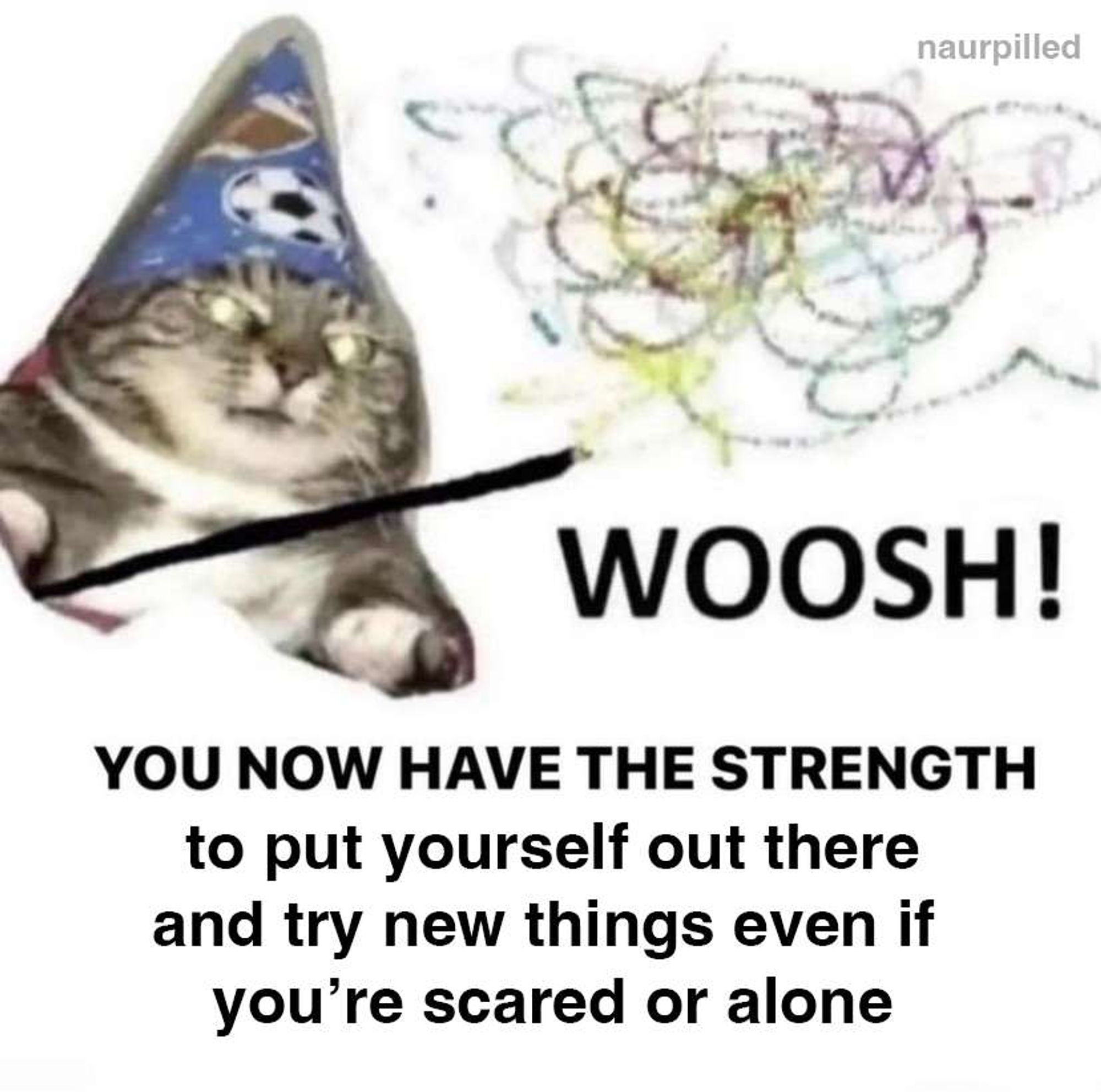 Silly image of a cat in a wizard hat waving his wand and declaring, "You now have the strength to put yourself out there and try new things even if you're scared or alone!"