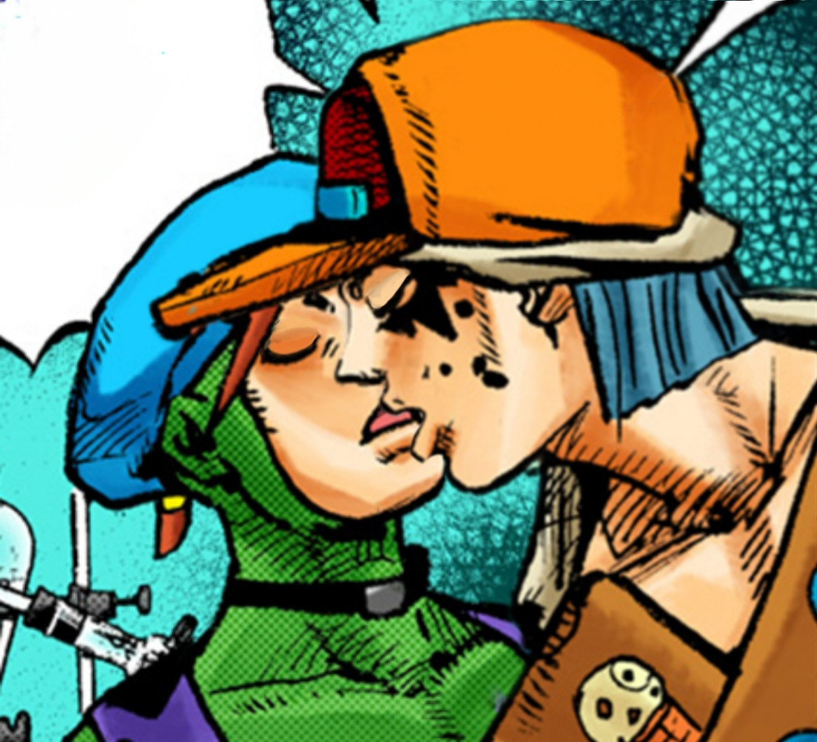 a colored manga panel edit of the jojolands characters usagi and paco kissing