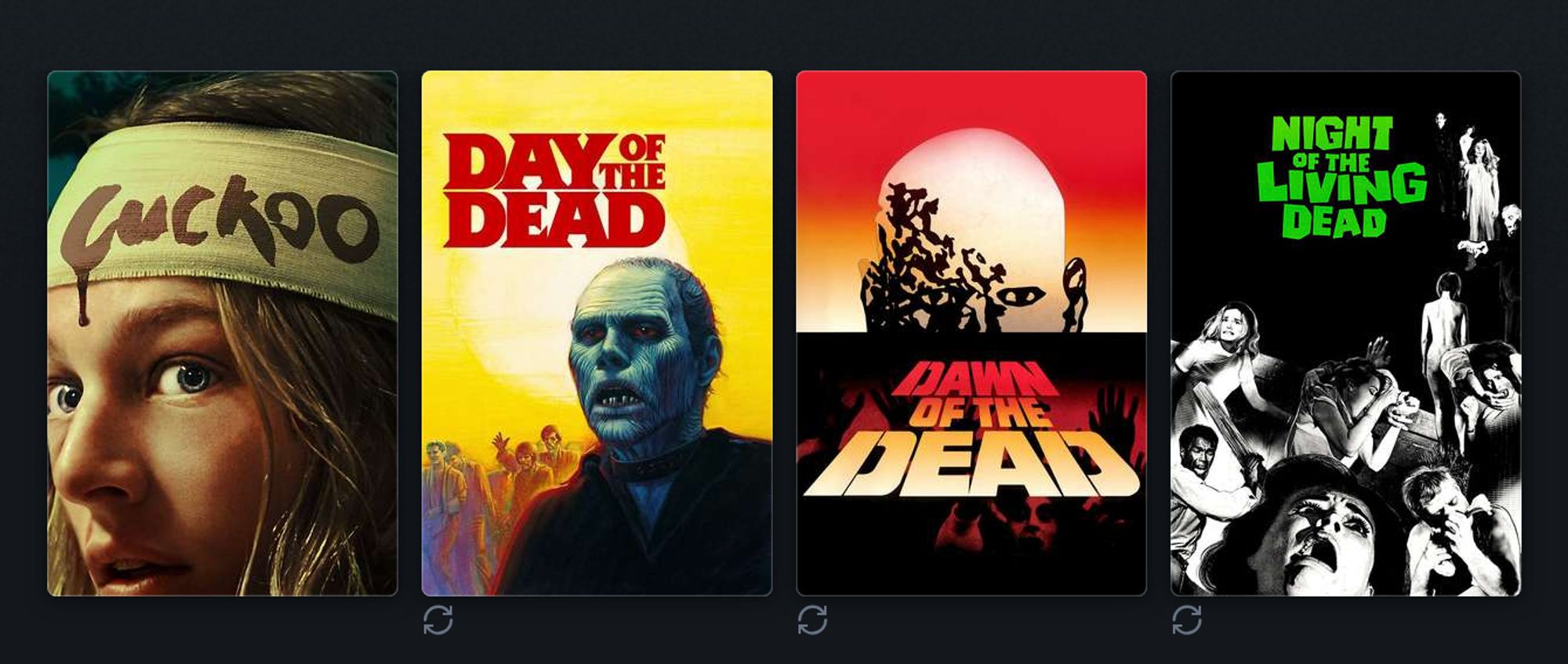 A screenshot from letterboxd.com containing the posters for: "Cuckoo, 2024" "Day of the Dead, 1985" "Dawn of the Dead, 1978" and "Night of the Living Dead, 1968"